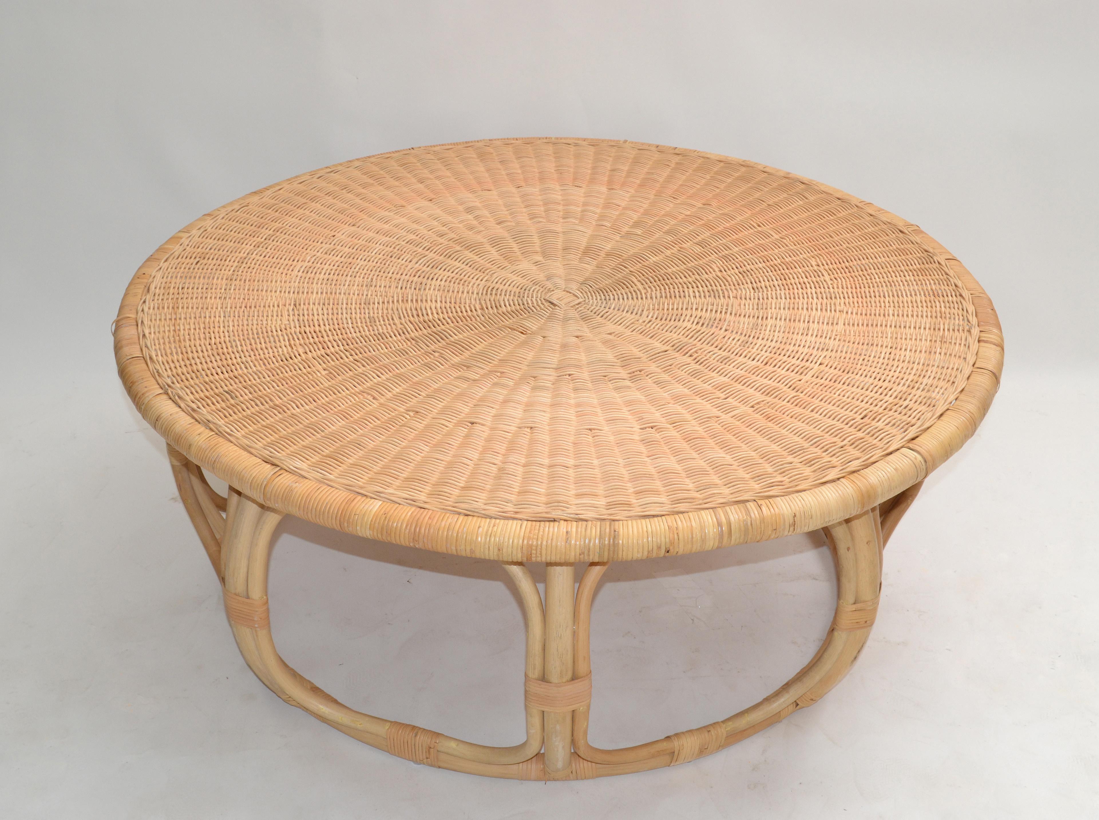 Organic Modern Round Handwoven Rattan / Wicker Coffee or Cocktail Table 1990 1