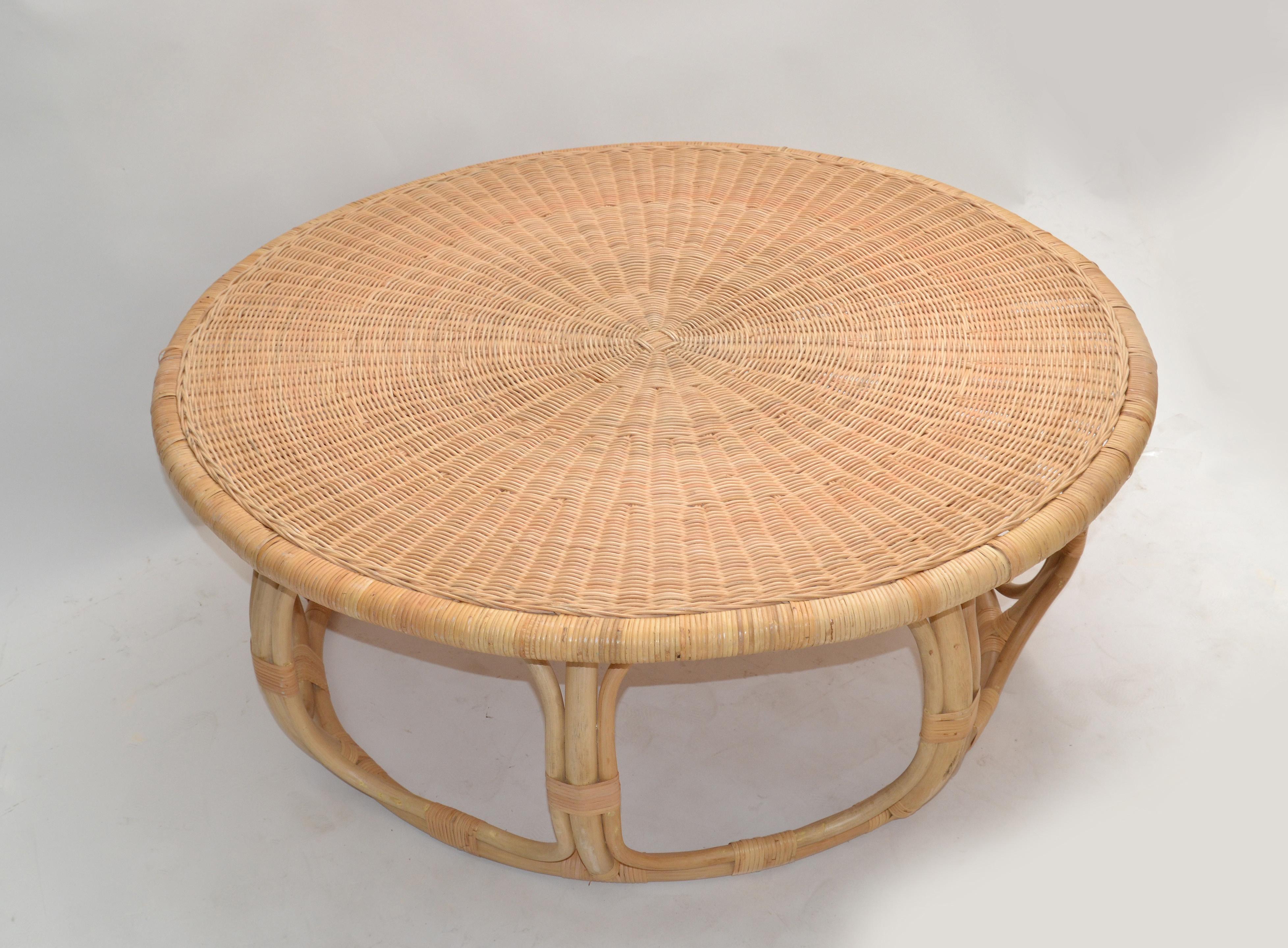 Organic Modern Round Handwoven Rattan / Wicker Coffee or Cocktail Table 1990 3