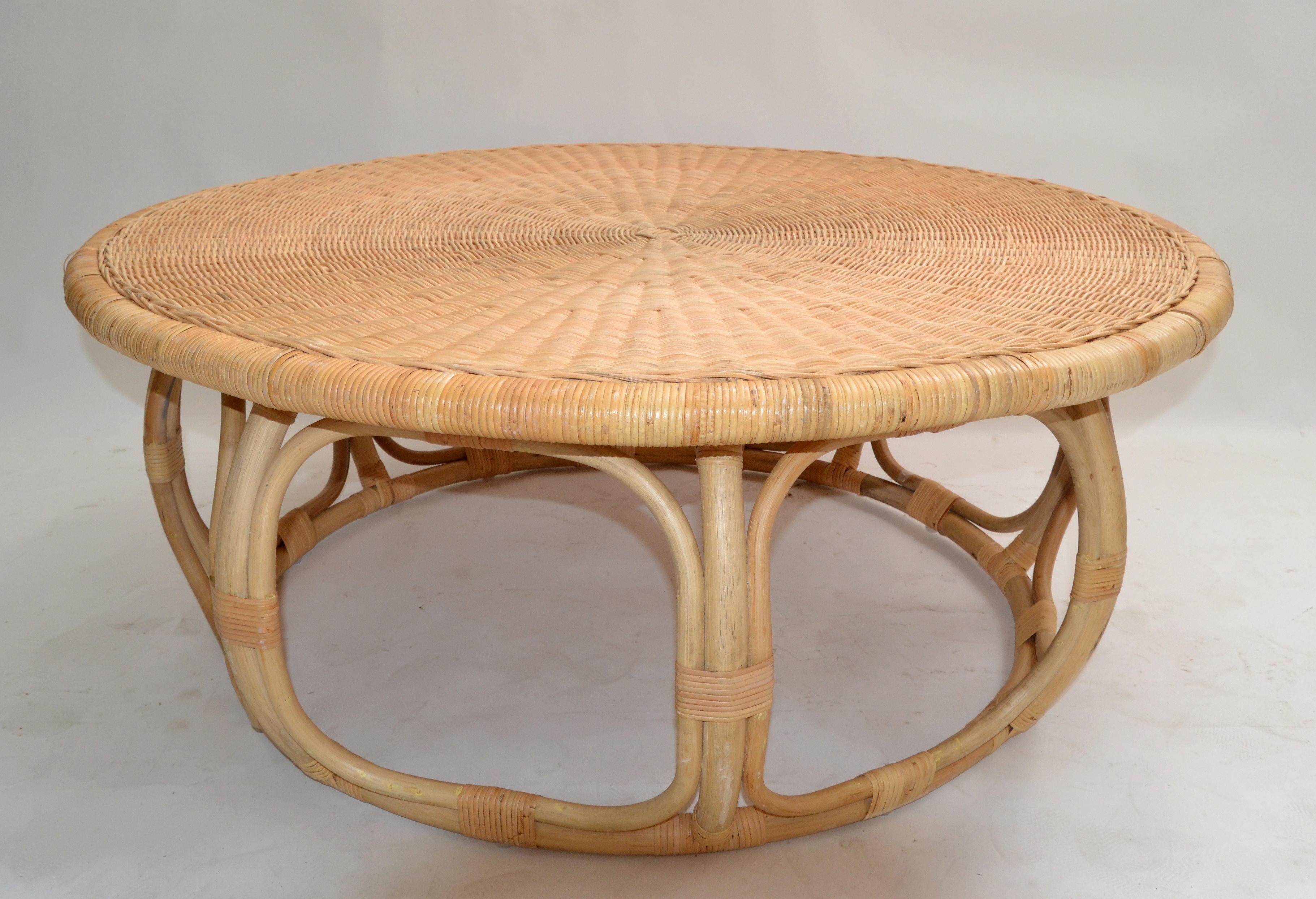 20th Century Organic Modern Round Handwoven Rattan / Wicker Coffee or Cocktail Table 1990