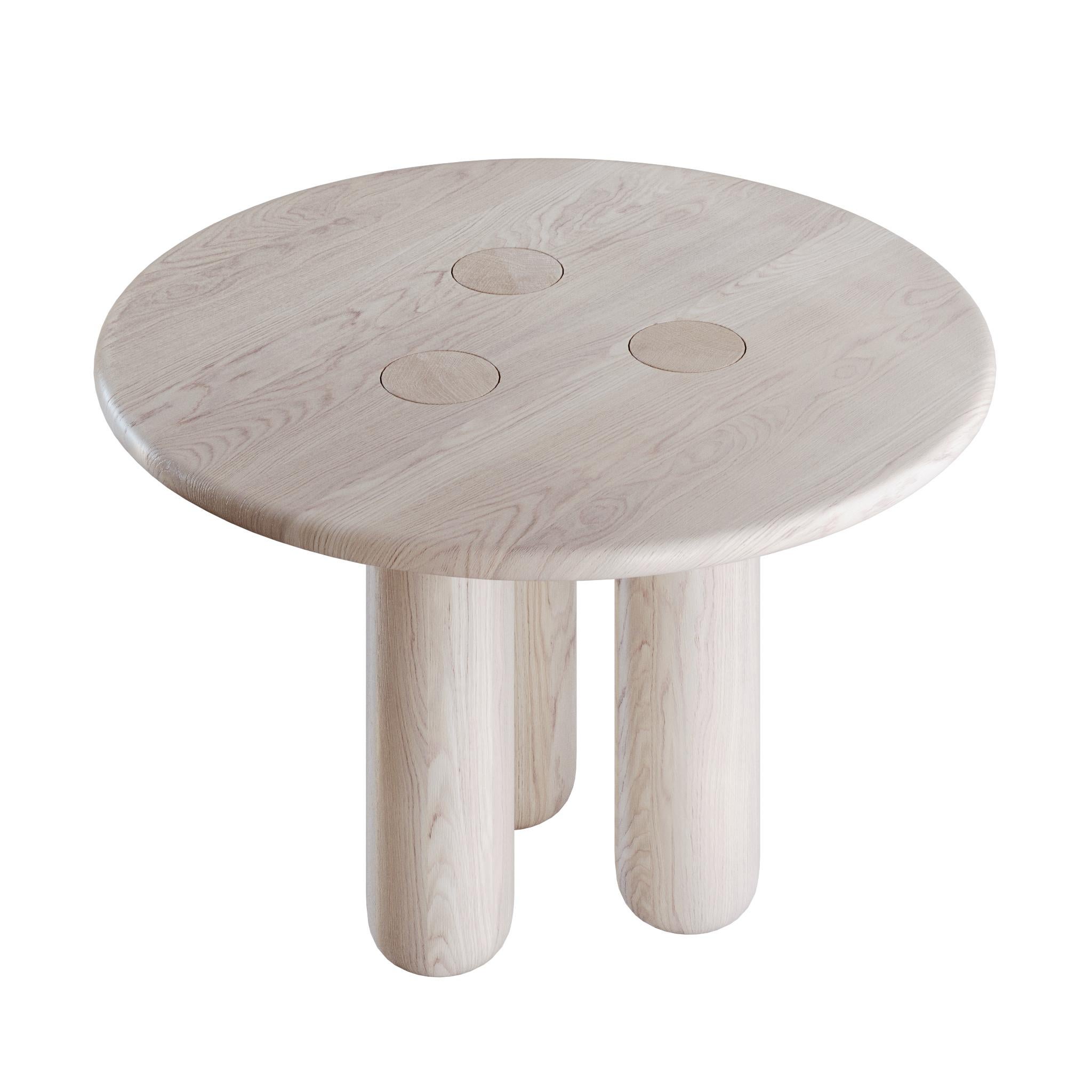 Hand-Crafted Organic Modern Round Solid Oak Dining Table in Whitewashed Finish For Sale