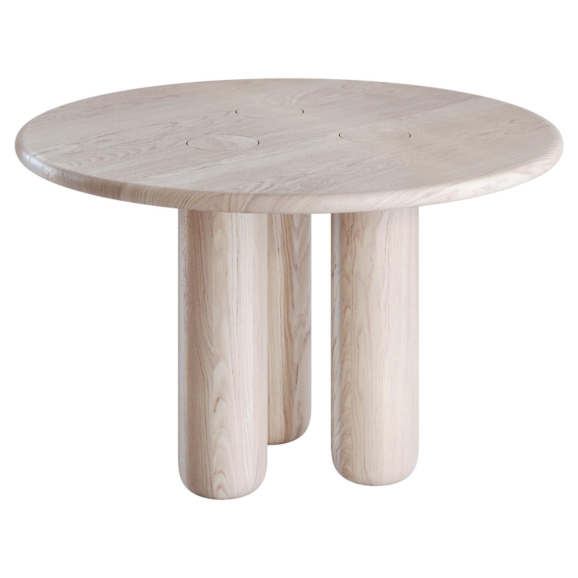 Organic Modern Round Solid Oak Dining Table in Whitewashed Finish