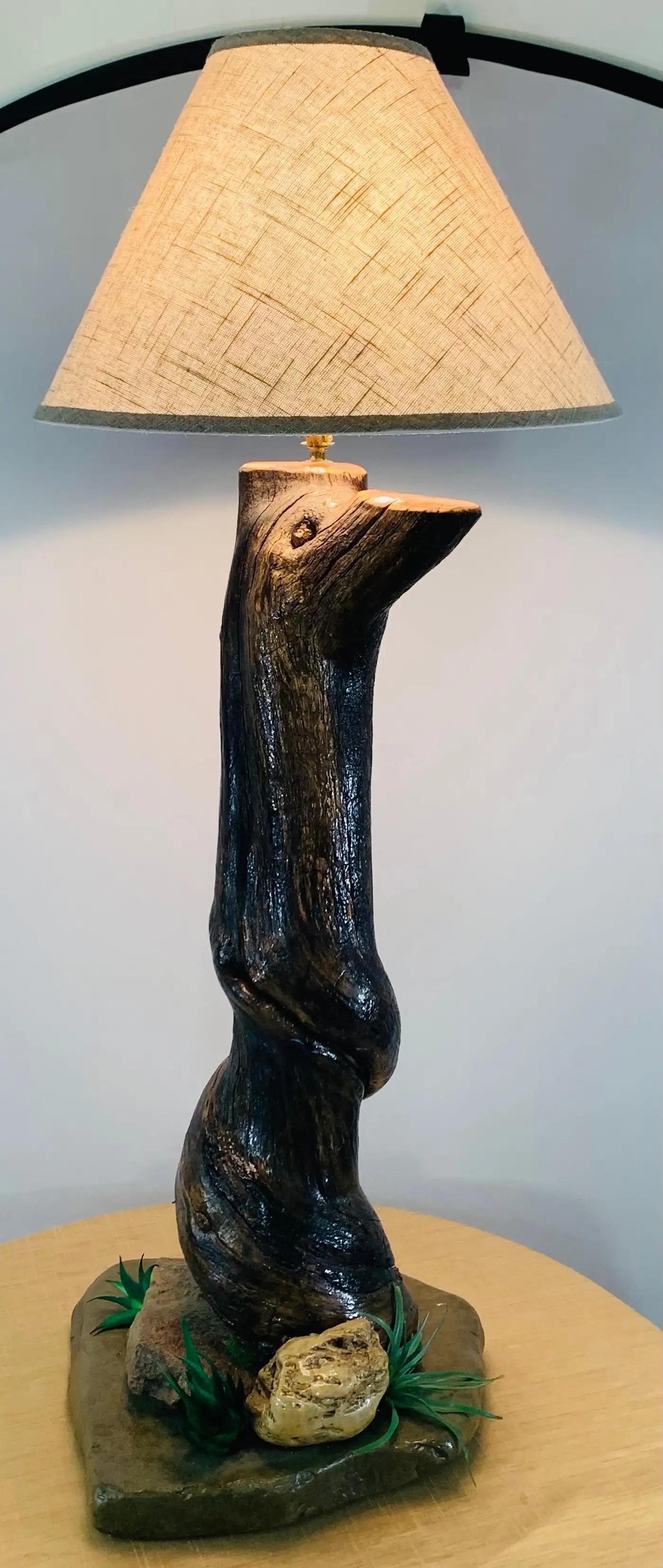 North American Organic Modern Rustic Tree Trunk Shaped Table Lamp on a Stone Base For Sale