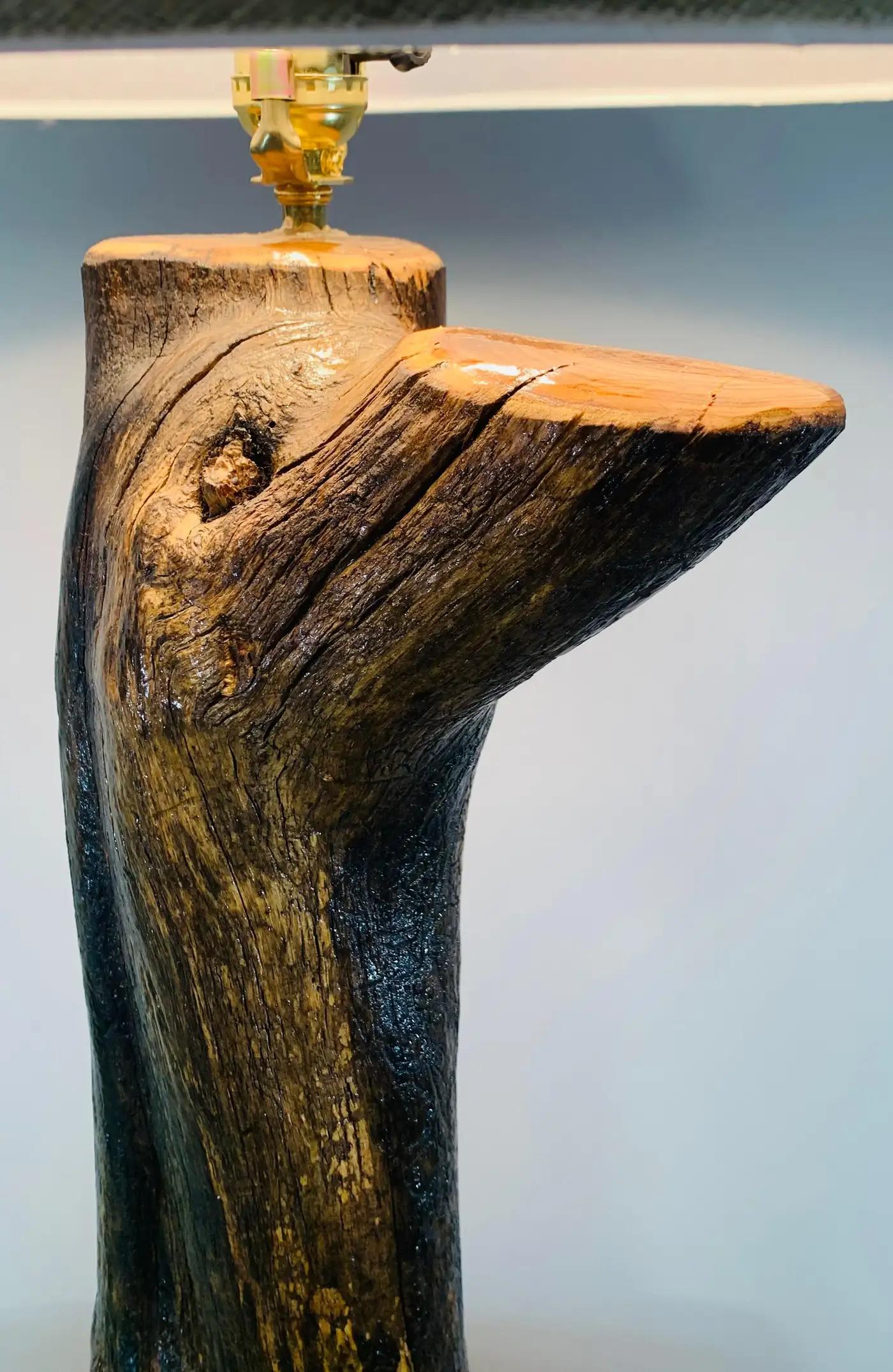 Organic Modern Rustic Tree Trunk Shaped Table Lamp on a Stone Base In Good Condition For Sale In Plainview, NY