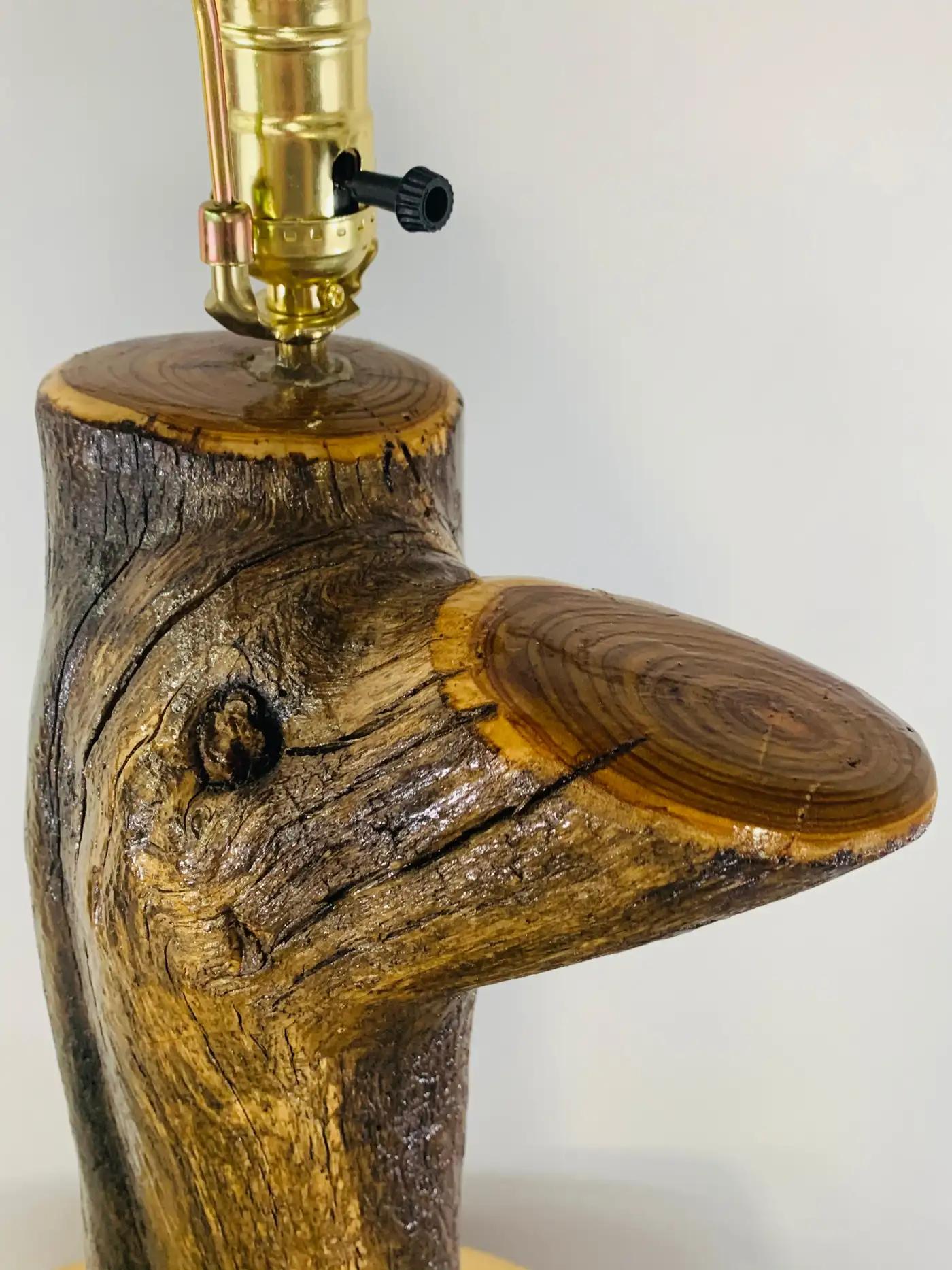 Organic Modern Rustic Tree Trunk Shaped Table Lamp on a Stone Base For Sale 1