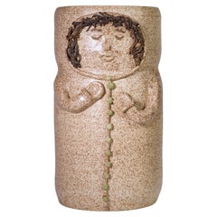 Organic Modern Salt Glaze Vase with Abstract Girl Decor, Art Studio Pottery