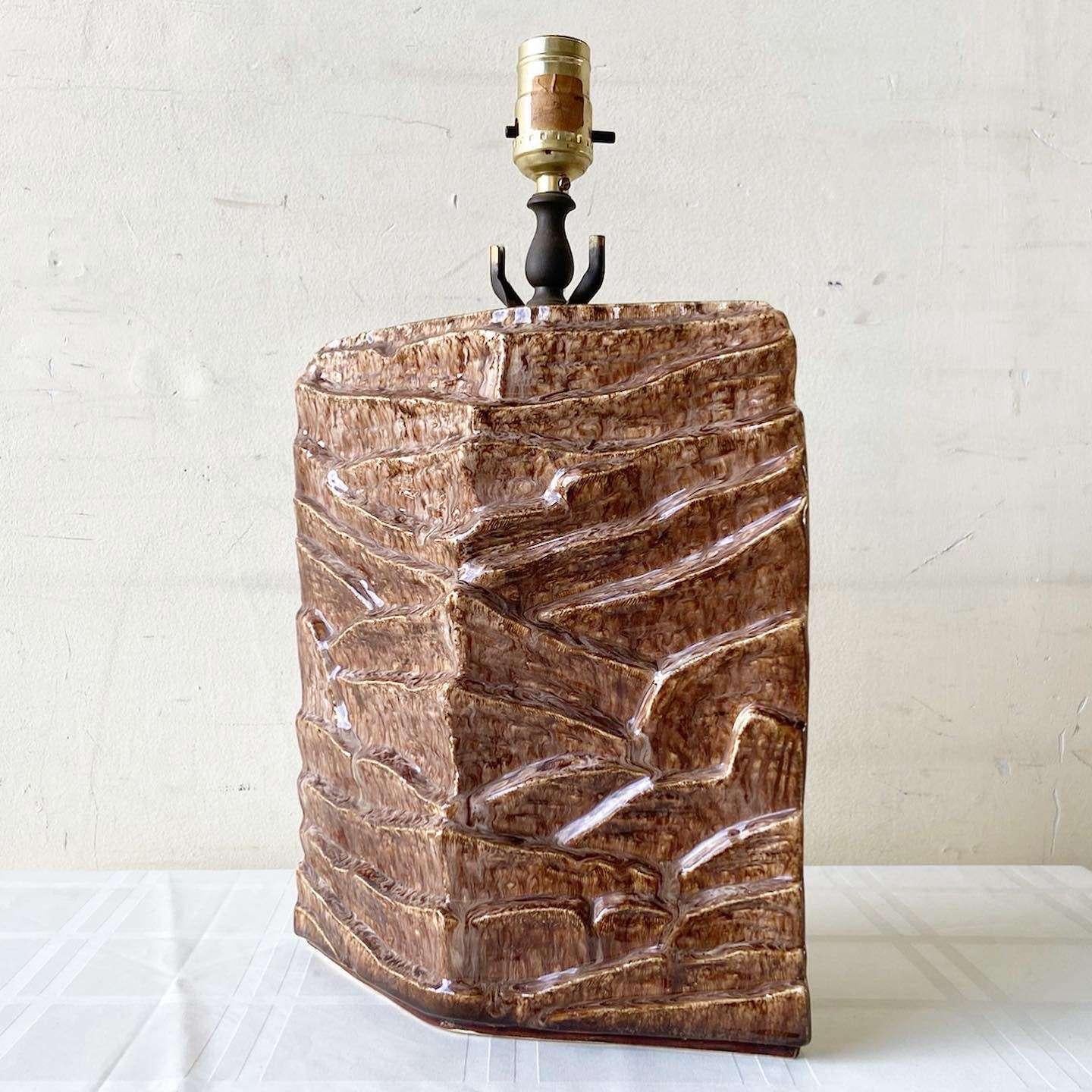 American Organic Modern Sculpted Brown Ceramic Table Lamp For Sale
