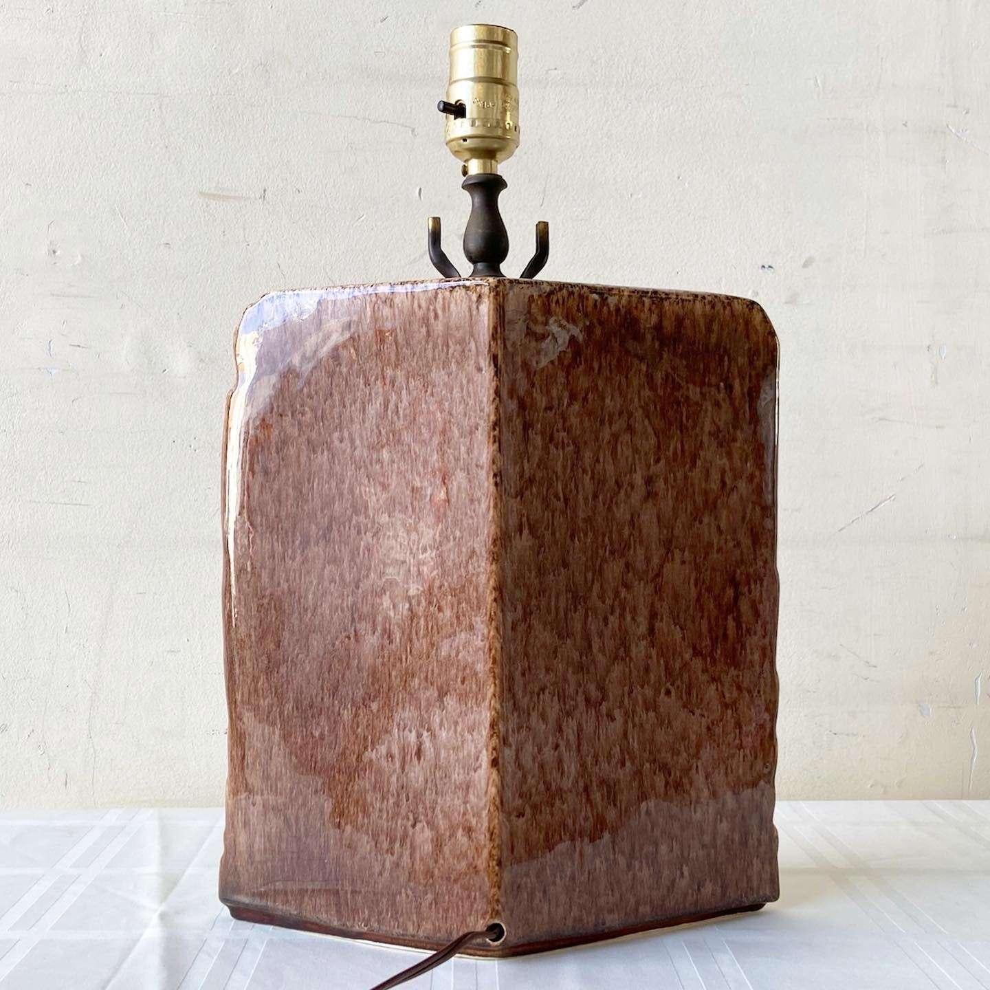 Late 20th Century Organic Modern Sculpted Brown Ceramic Table Lamp For Sale