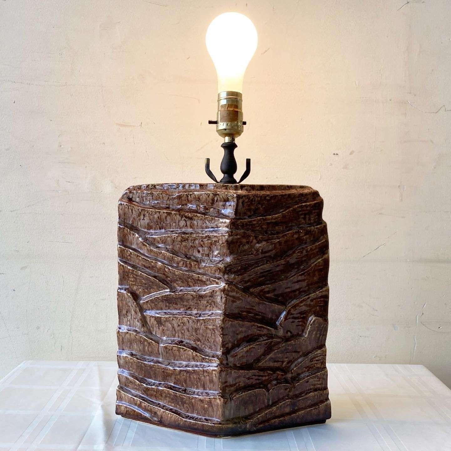 Organic Modern Sculpted Brown Ceramic Table Lamp For Sale 1