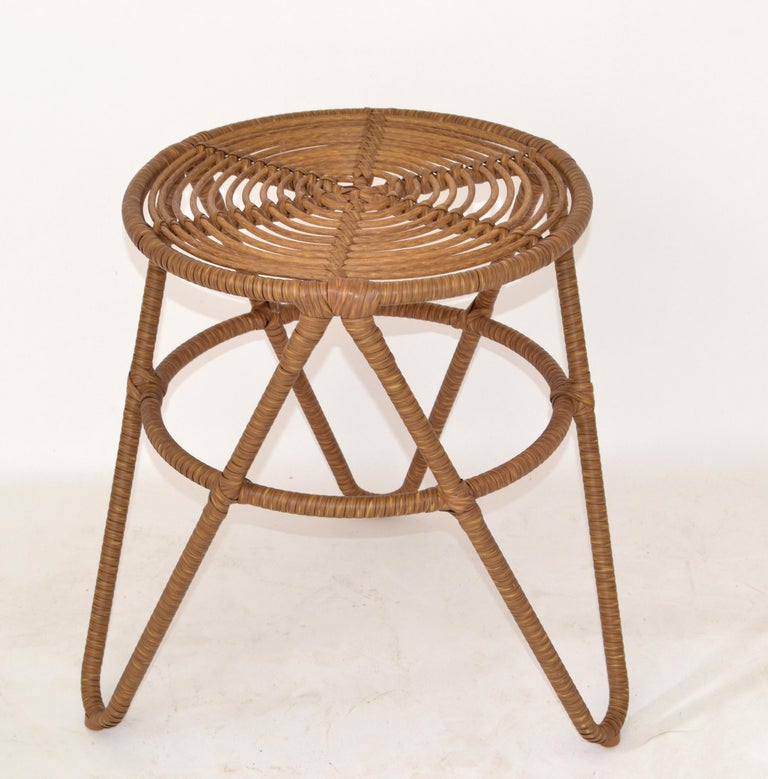 Organic Modern Sculptural 3-Legged Stool Wrought Iron Hand-Woven Cane ...