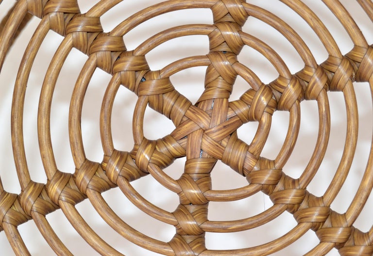 Organic Modern Sculptural 3Legged Stool Wrought Iron HandWoven Cane Bindings For Sale at 1stDibs