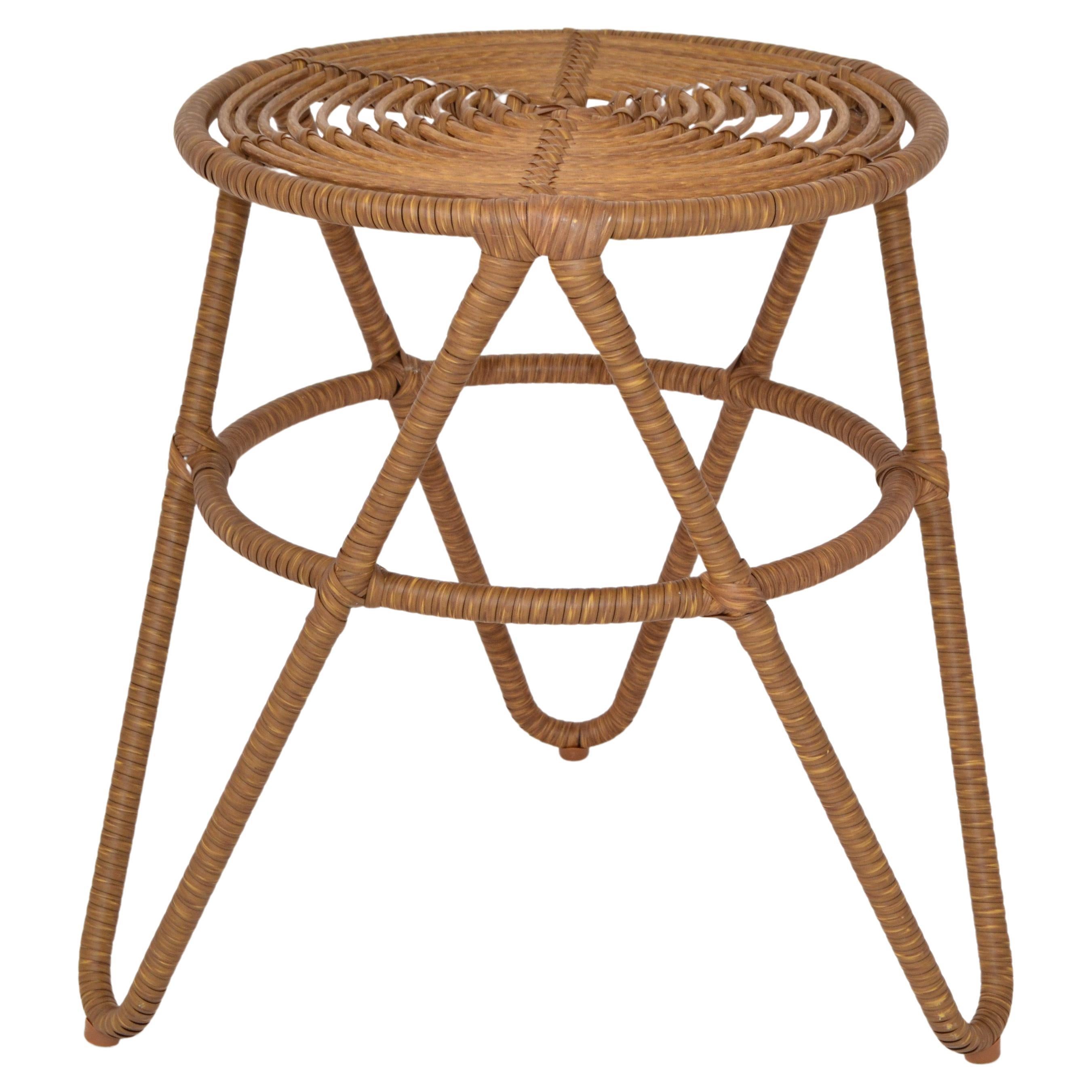 Organic Modern Sculptural 3-Legged Stool Wrought Iron Hand-Woven Cane Bindings