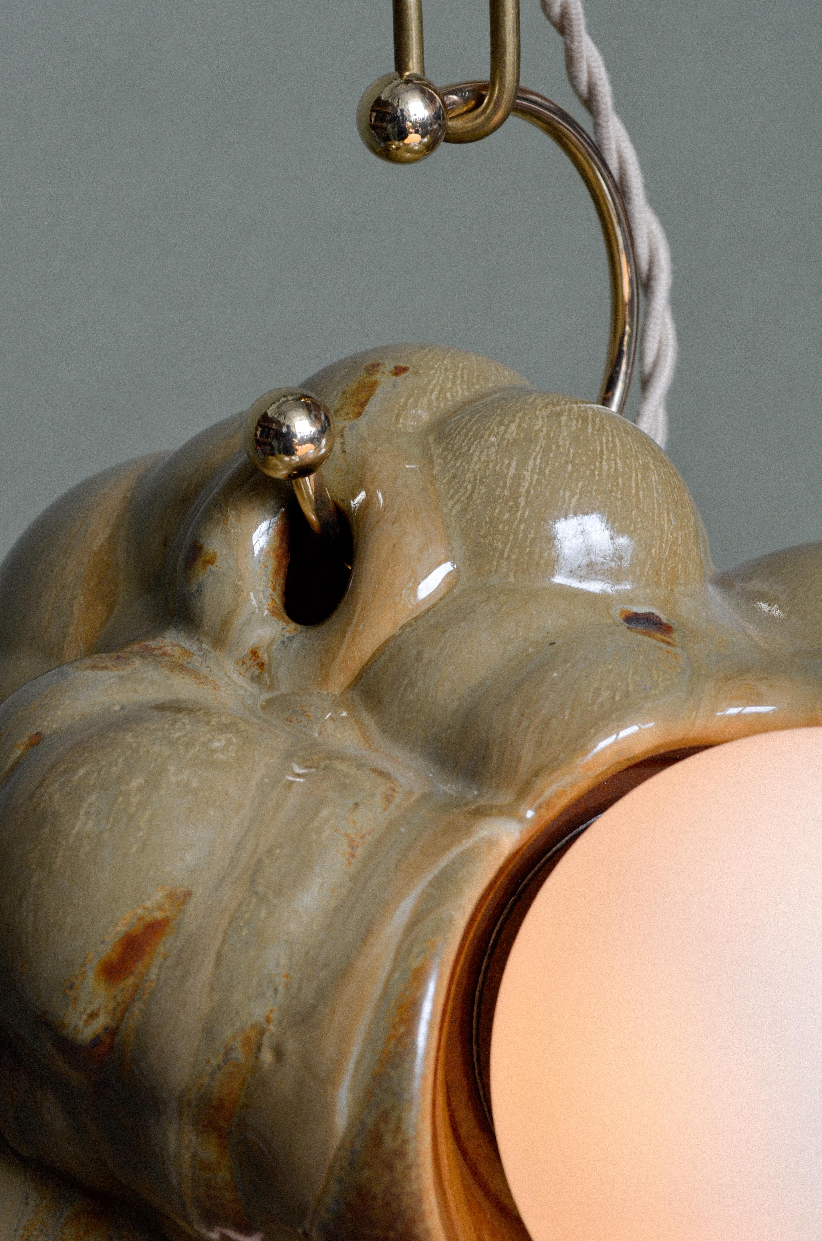 Organic Modern Sculptural Ceramic Bubbly Capullo Pendant Chandelier Brown Green For Sale 5