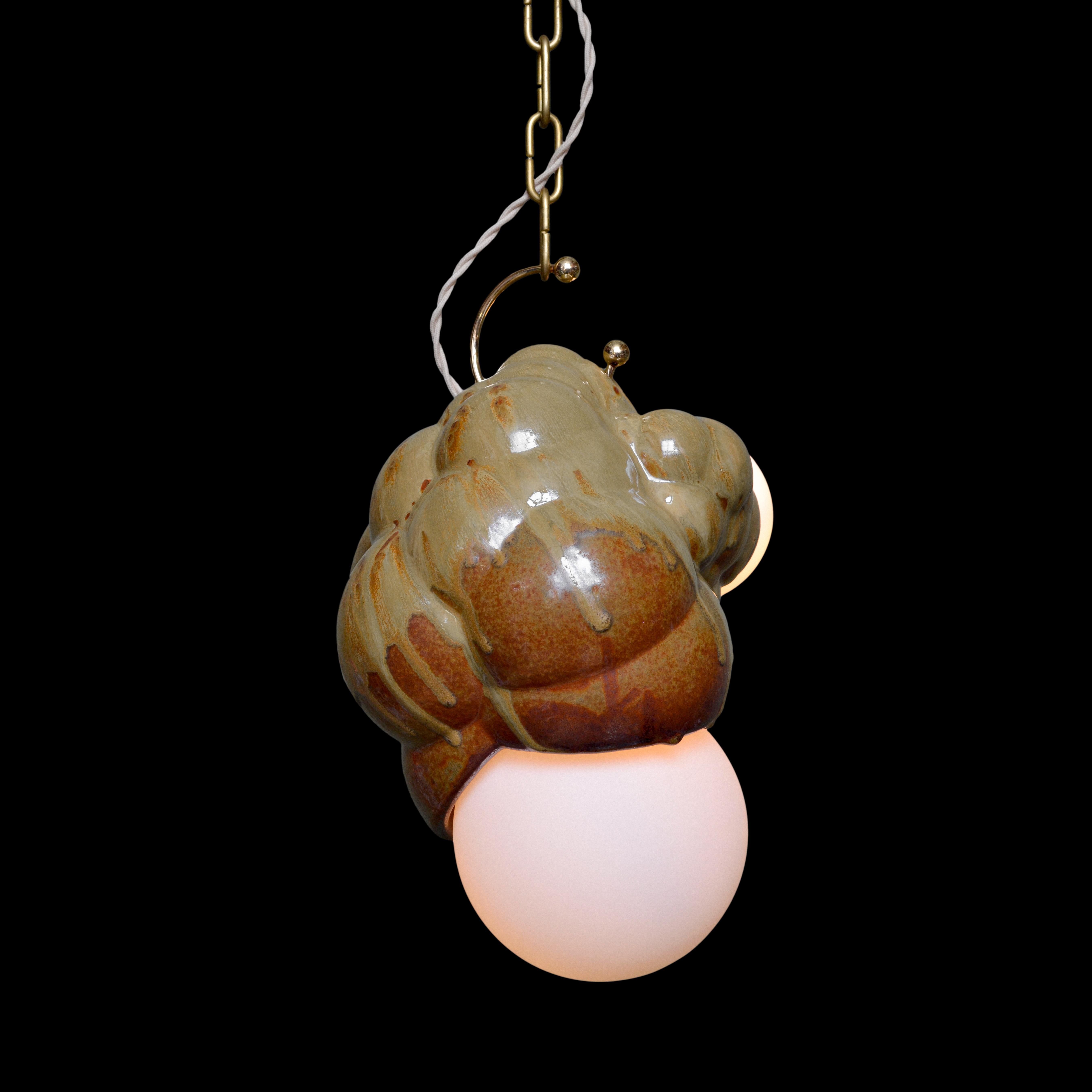 American Organic Modern Sculptural Ceramic Bubbly Capullo Pendant Chandelier Brown Green For Sale