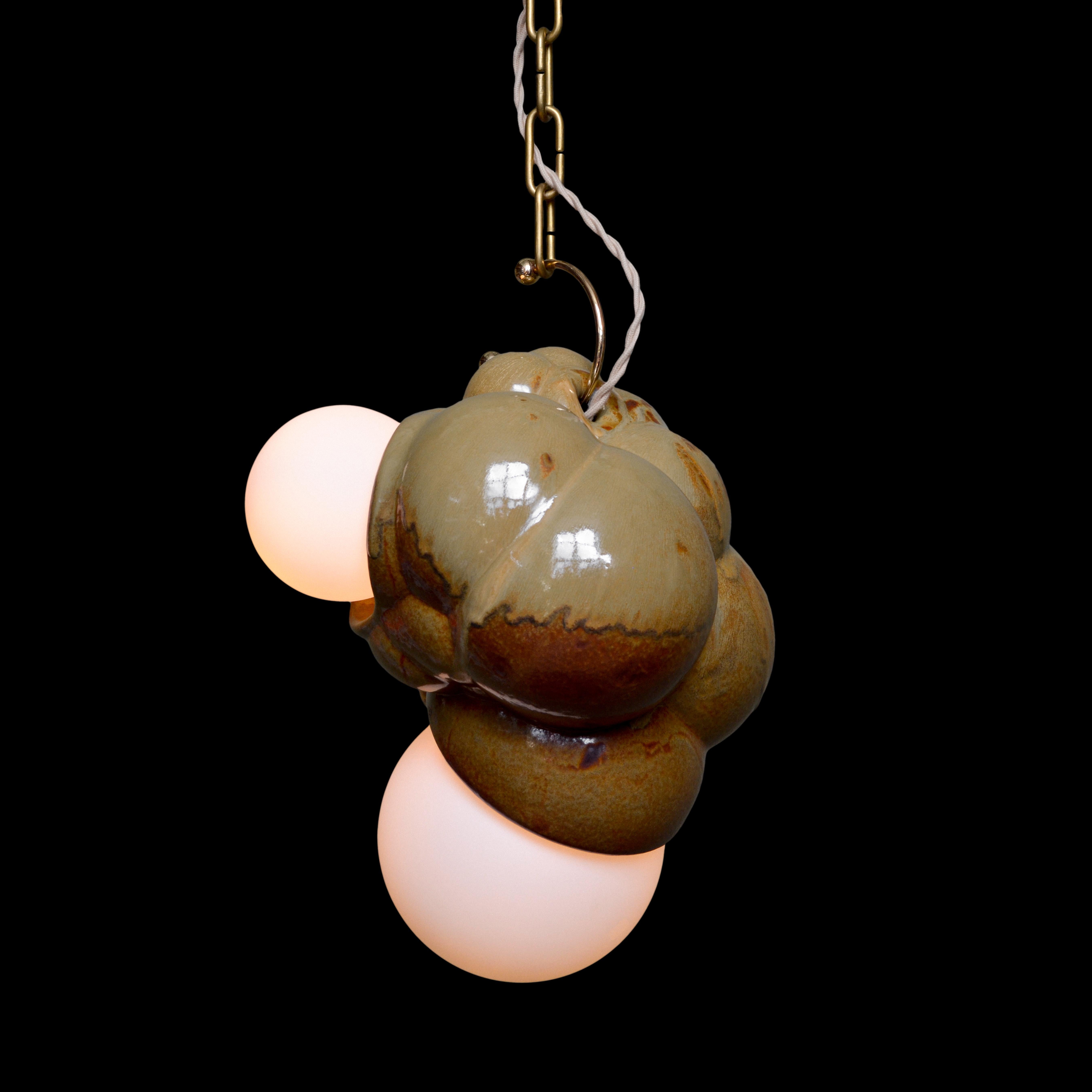 Glazed Organic Modern Sculptural Ceramic Bubbly Capullo Pendant Chandelier Brown Green For Sale