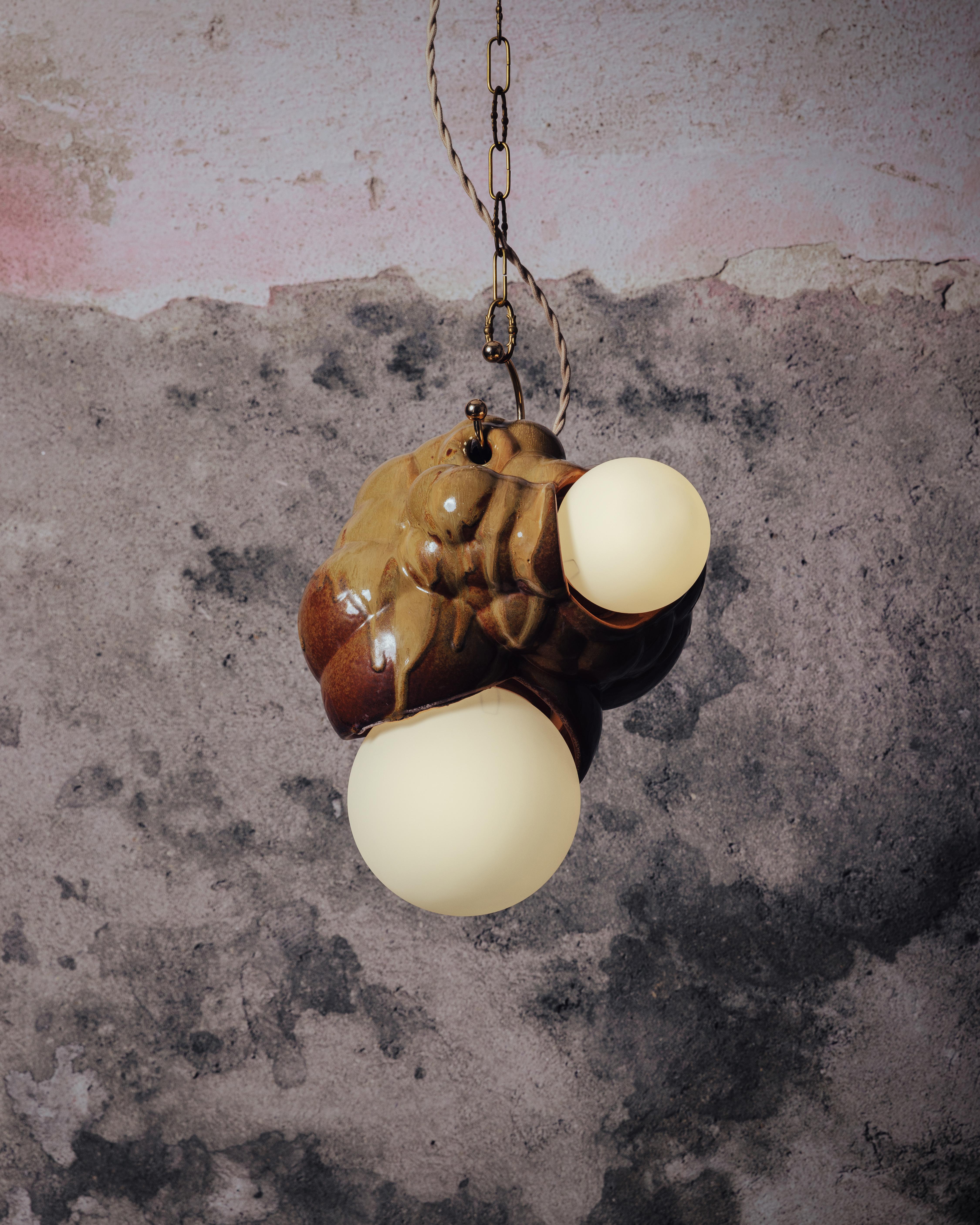 Organic Modern Sculptural Ceramic Bubbly Capullo Pendant Chandelier Brown Green In New Condition For Sale In Brooklyn, NY