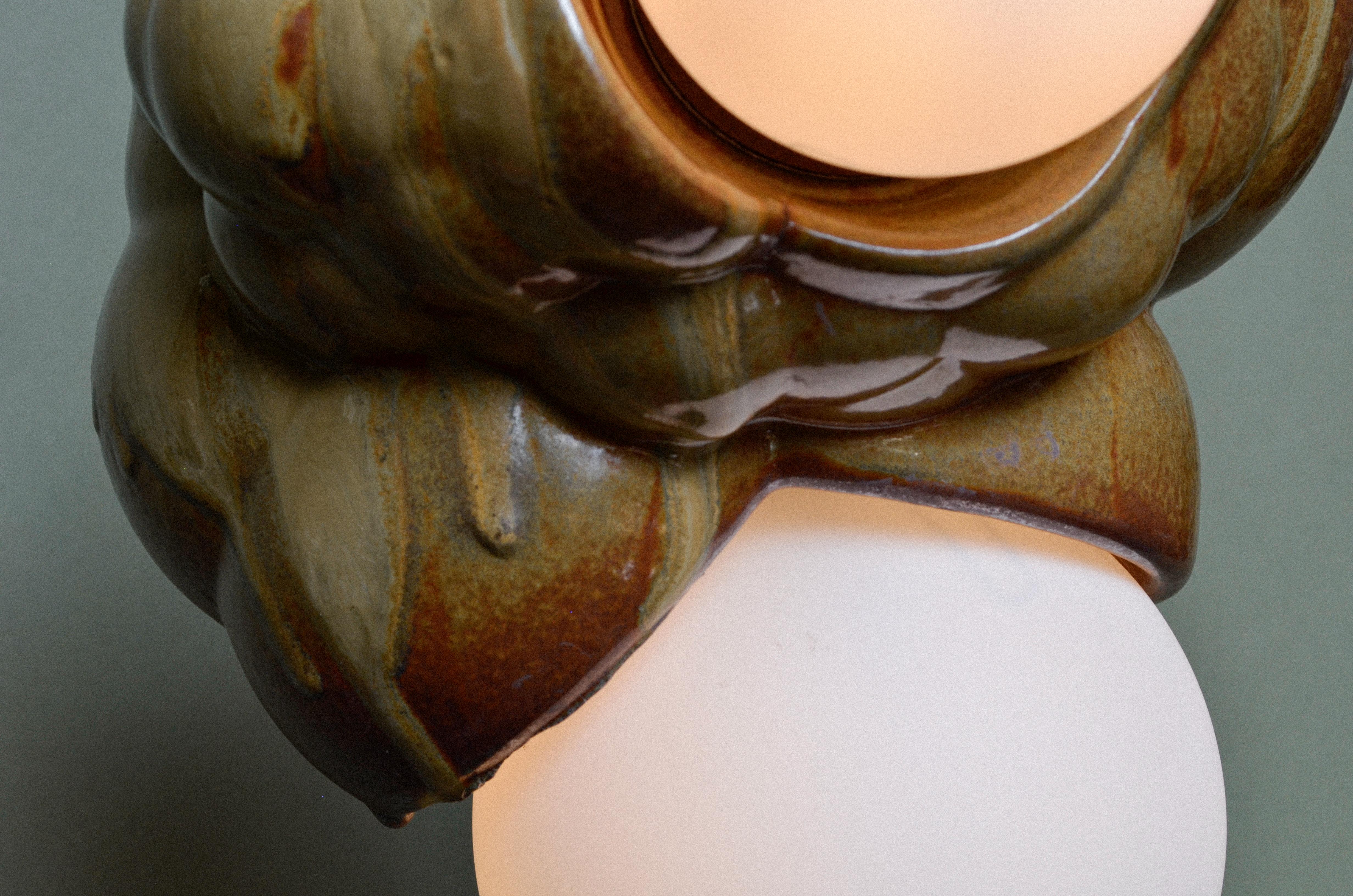 Contemporary Organic Modern Sculptural Ceramic Bubbly Capullo Pendant Chandelier Brown Green For Sale