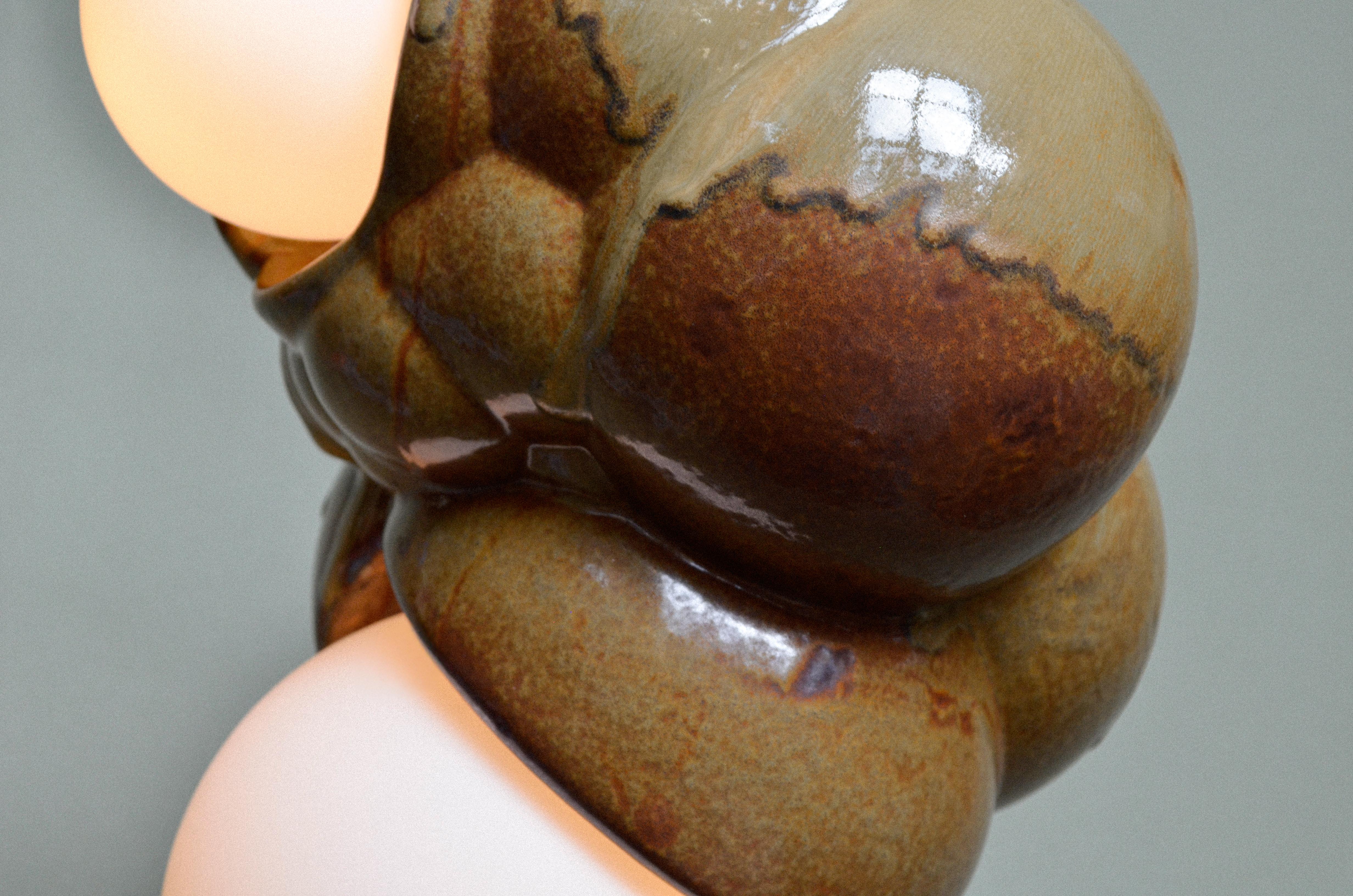 Organic Modern Sculptural Ceramic Bubbly Capullo Pendant Chandelier Brown Green For Sale 1