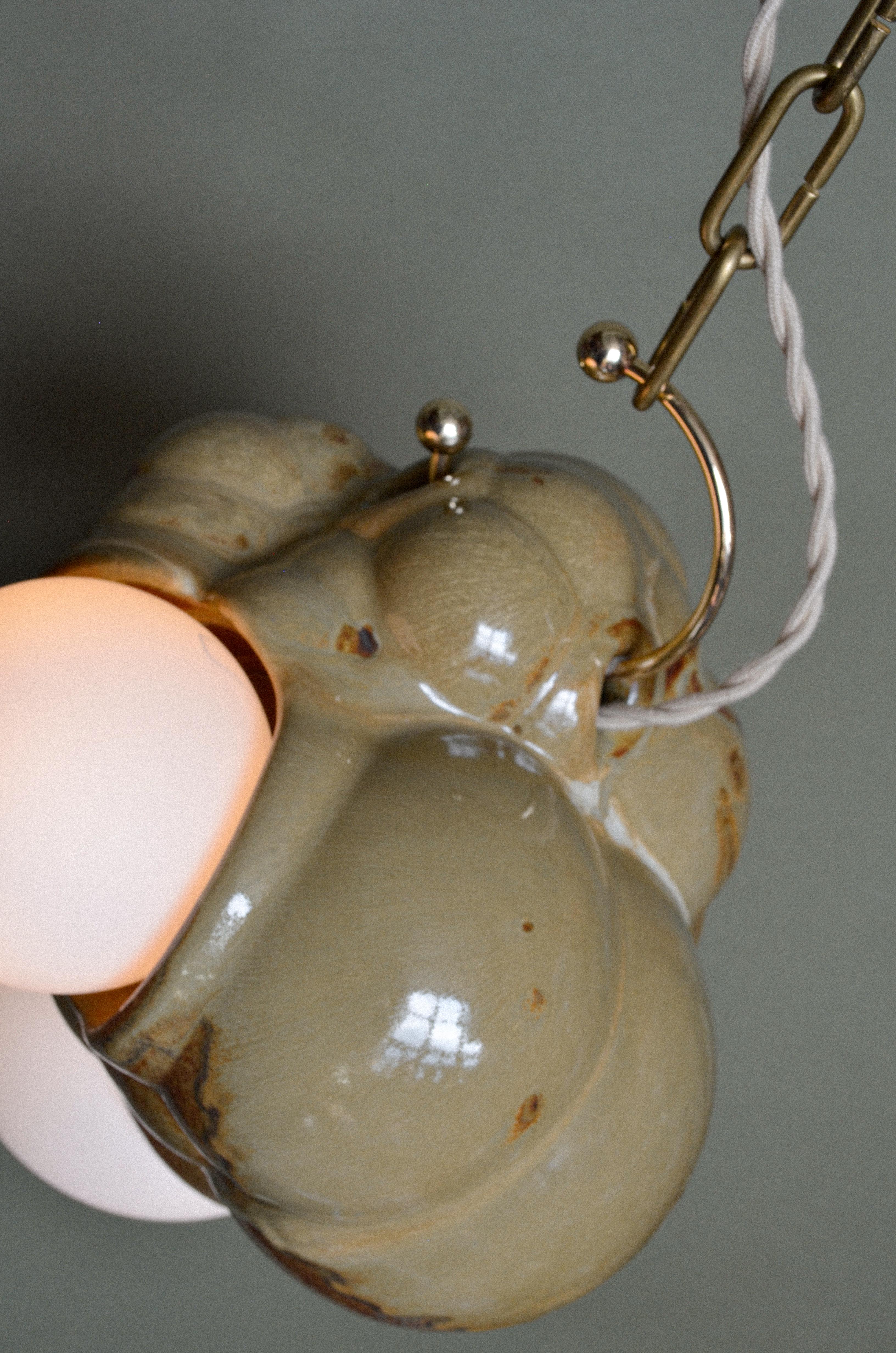 Organic Modern Sculptural Ceramic Bubbly Capullo Pendant Chandelier Brown Green For Sale 2