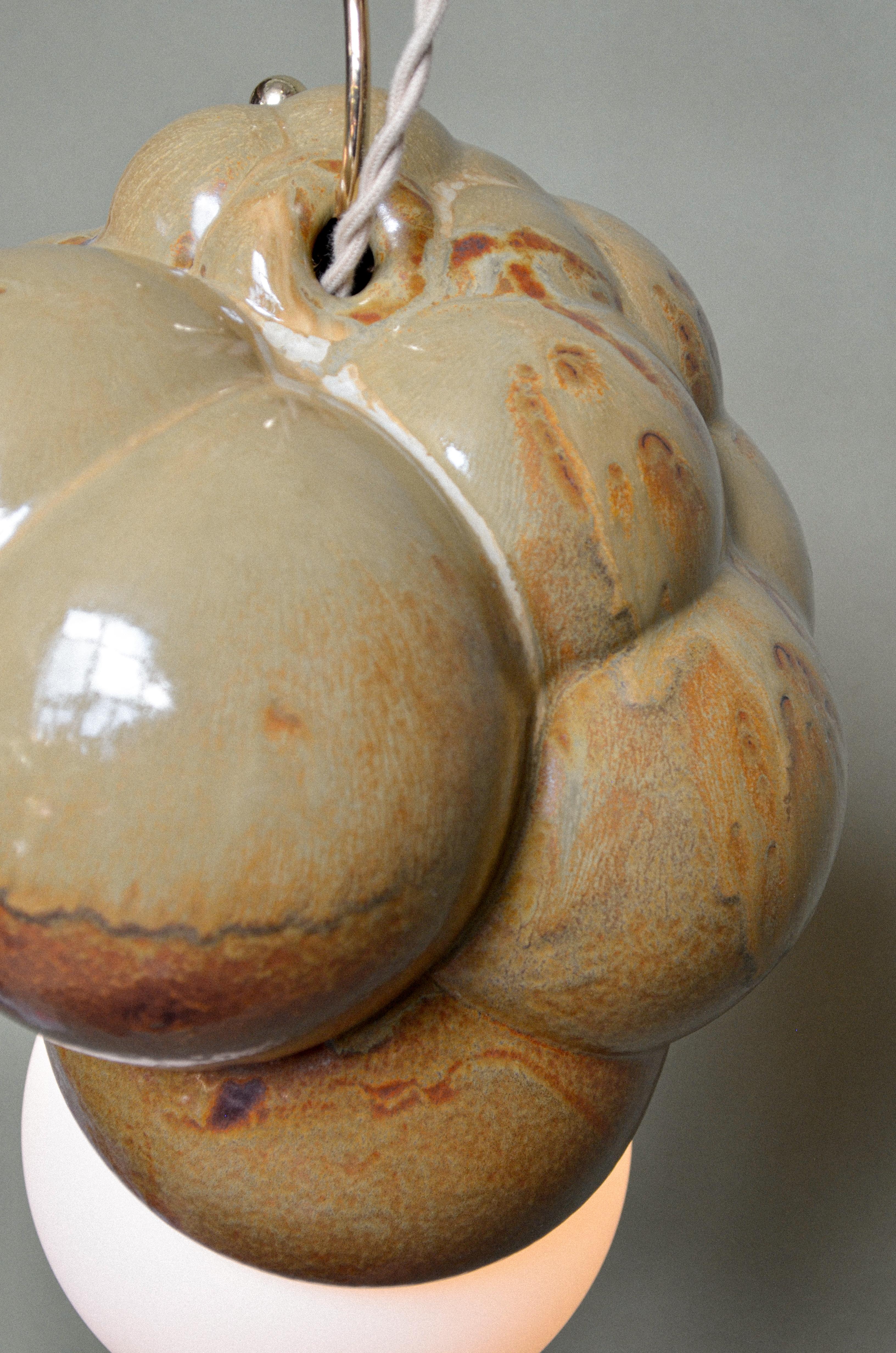 Organic Modern Sculptural Ceramic Bubbly Capullo Pendant Chandelier Brown Green For Sale 3
