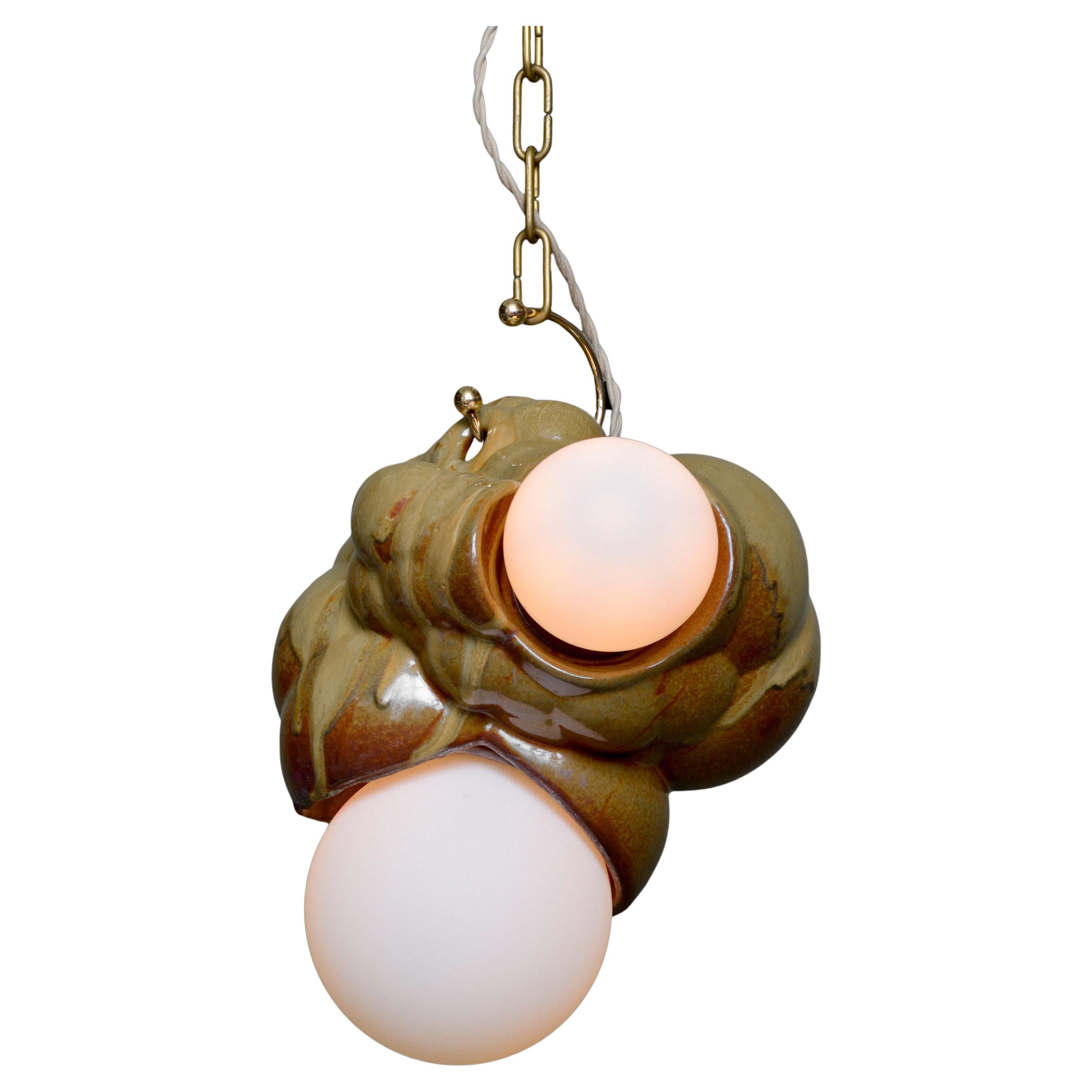 Organic Modern Sculptural Ceramic Bubbly Capullo Pendant Chandelier Brown Green For Sale