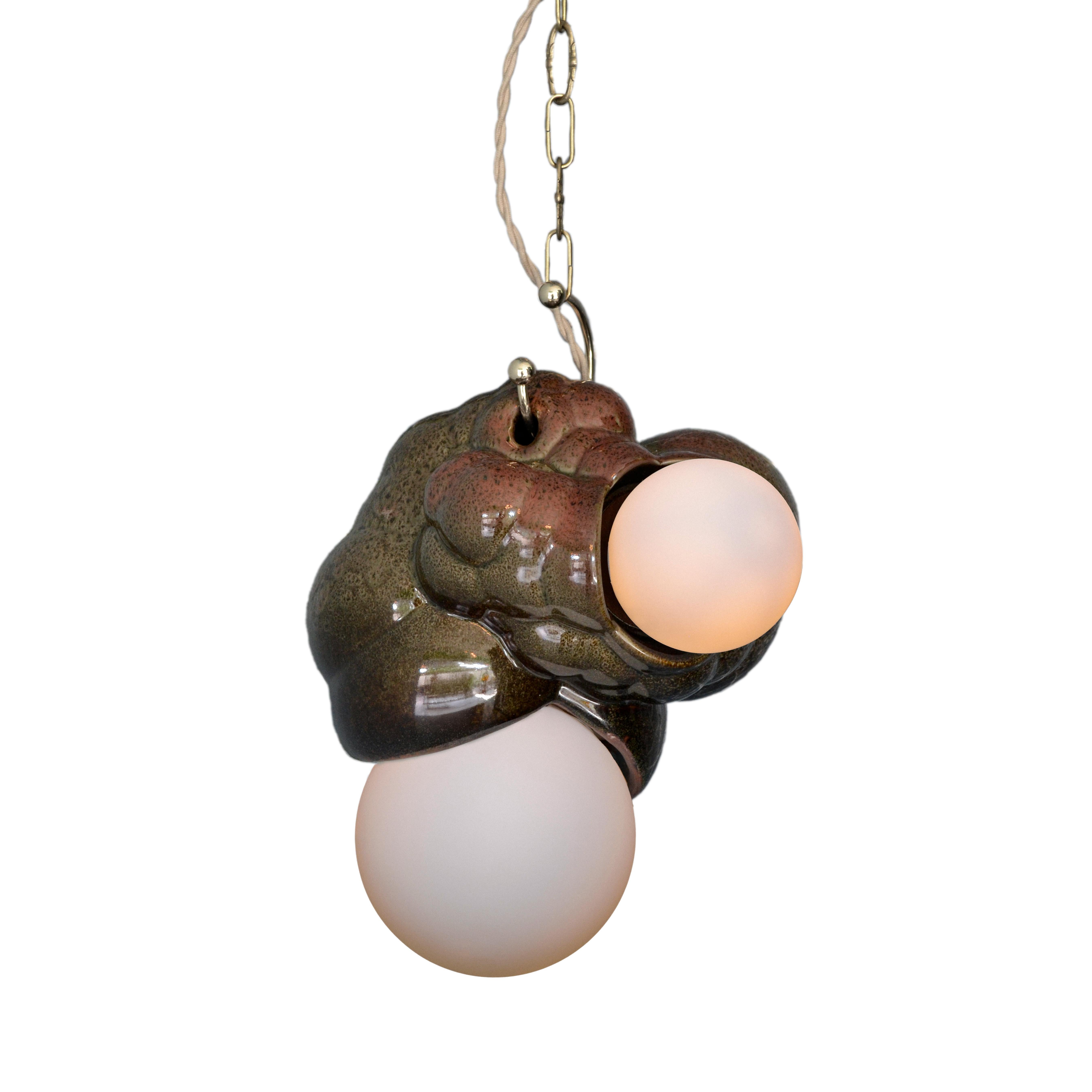 Glazed Organic Modern Sculptural Ceramic Bubbly Capullo Pendant Chandelier in Green For Sale