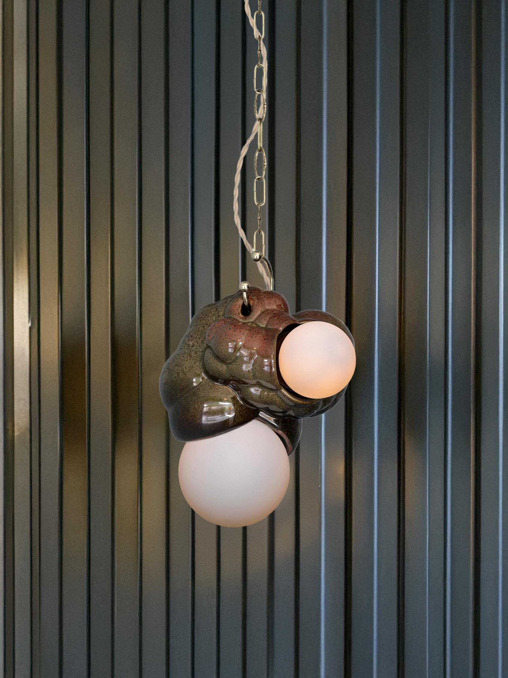 Contemporary Organic Modern Sculptural Ceramic Bubbly Capullo Pendant Chandelier in Green For Sale