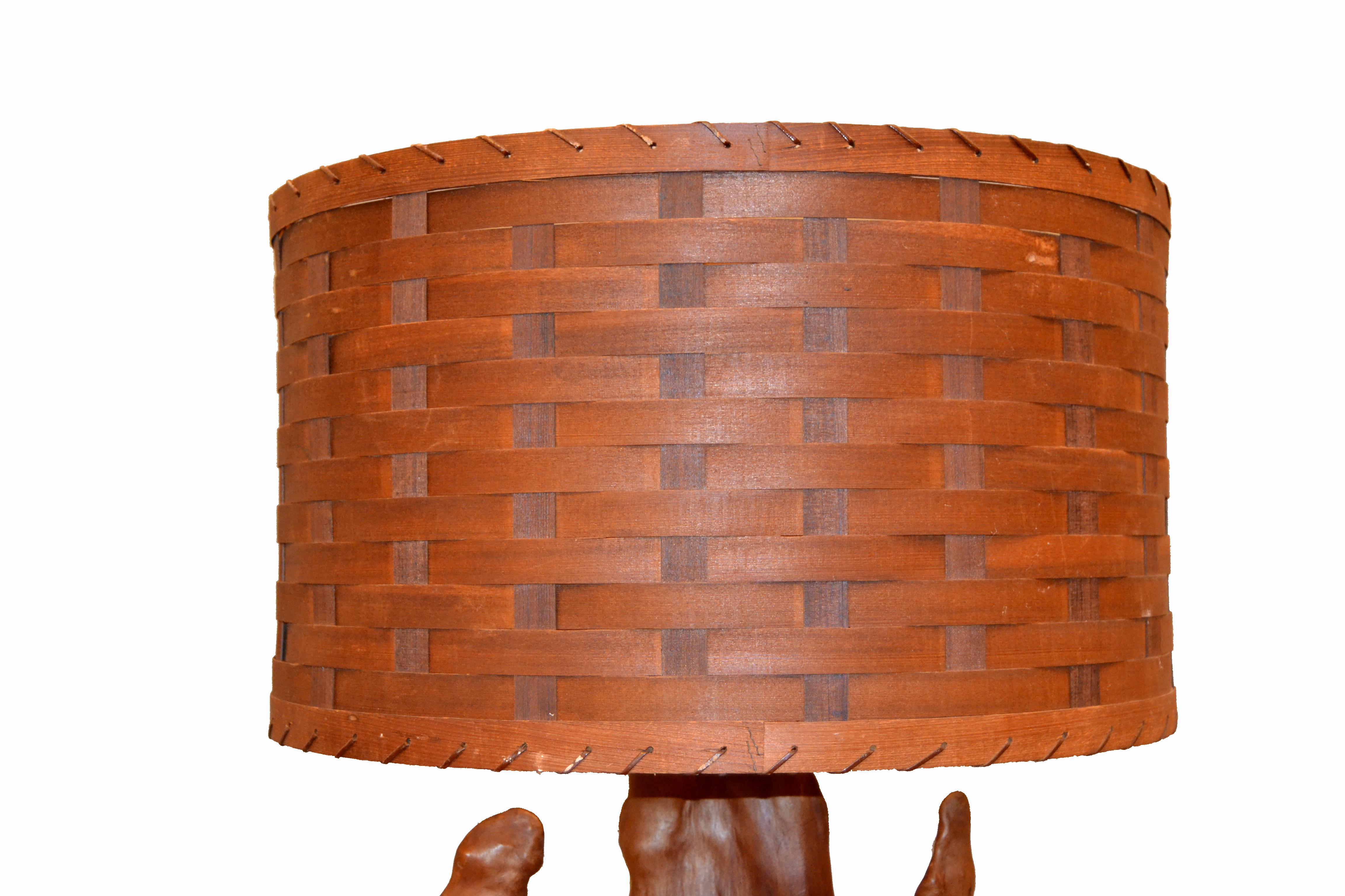 American Organic Modern Sculptural Driftwood Table Lamp & Woven Basket Shade Cedar Base 