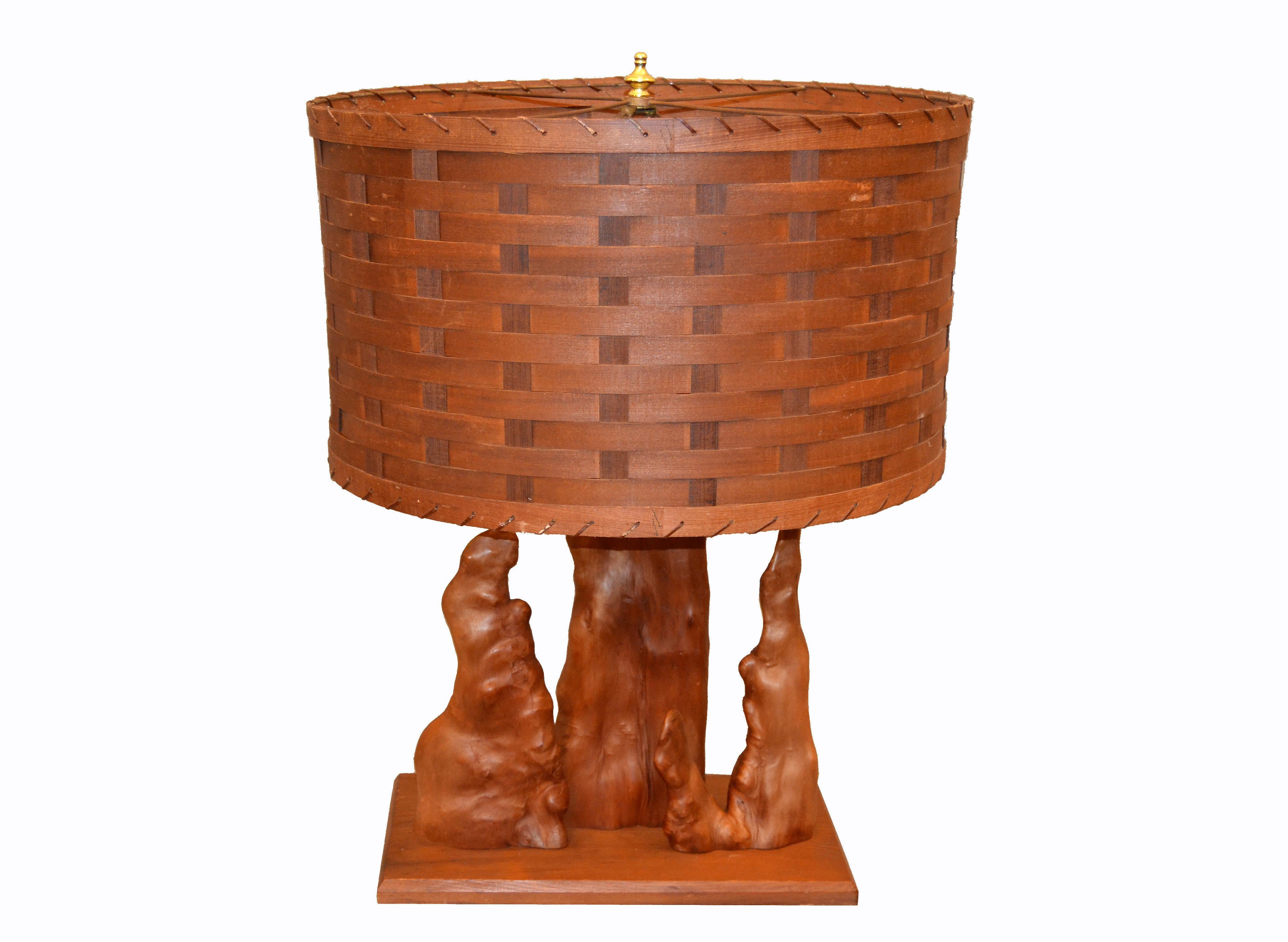 Mid-20th Century Organic Modern Sculptural Driftwood Table Lamp & Woven Basket Shade Cedar Base 
