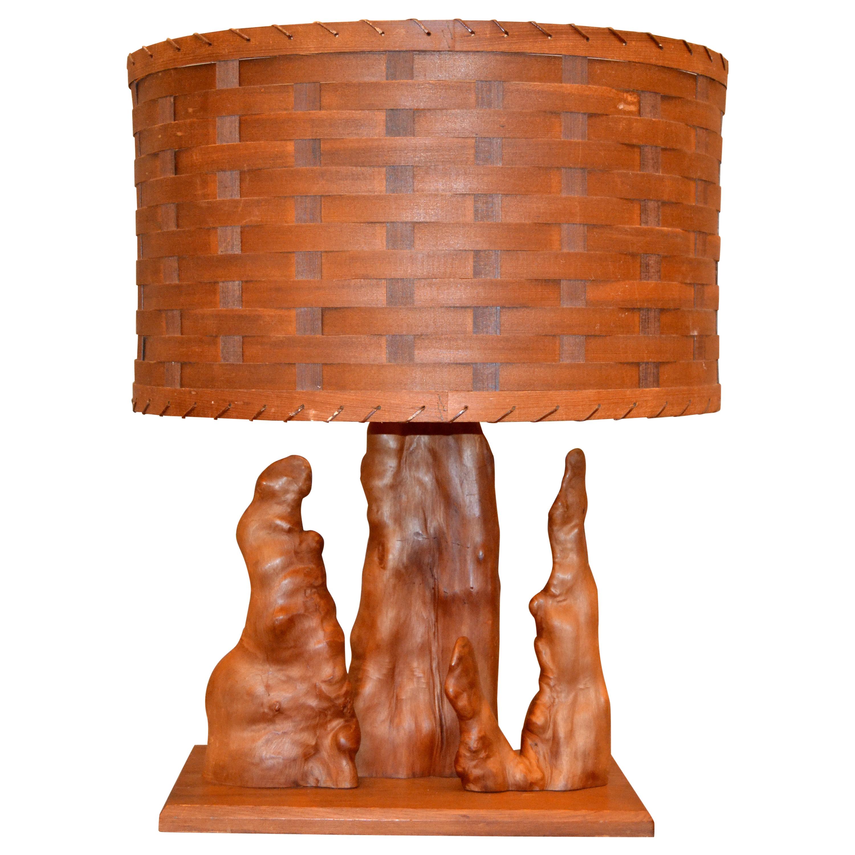 Organic Modern Sculptural Driftwood Table Lamp & Woven Basket Shade Cedar Base 