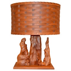 Organic Modern Sculptural Driftwood Table Lamp & Woven Basket Shade Cedar Base