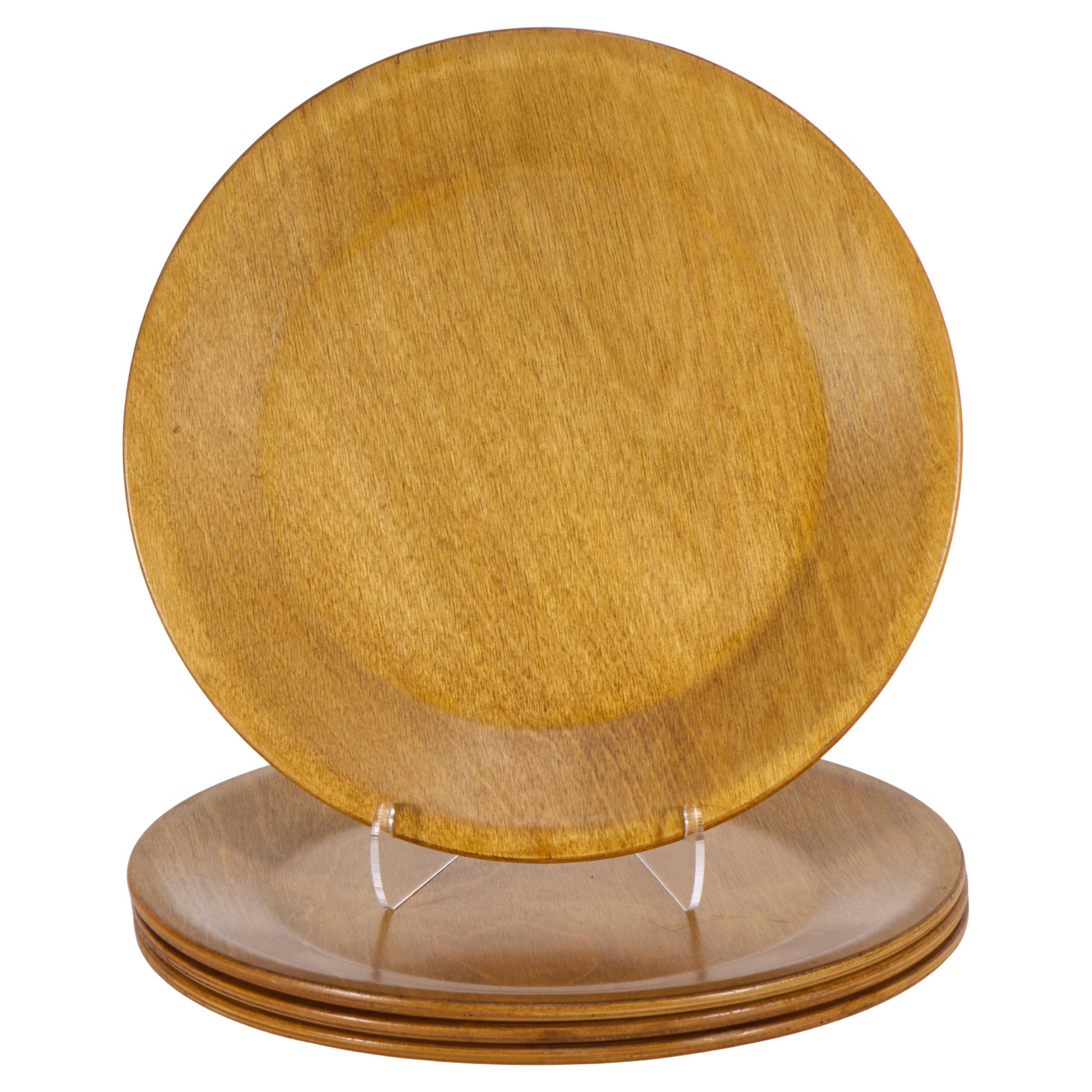 Organic Modern Set of 4 Carved Maple Wood Plates, American Folk Art Craft For Sale