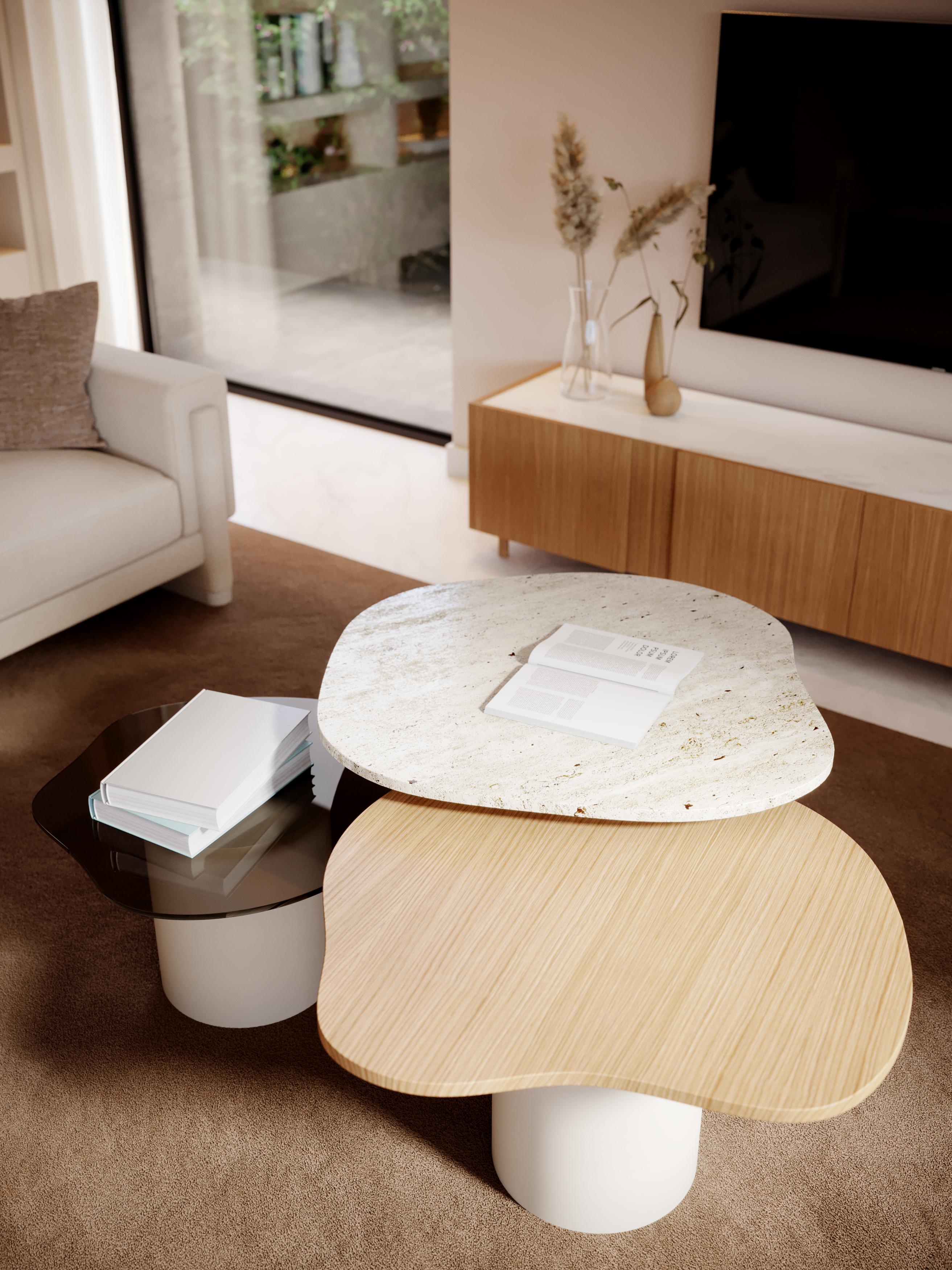 Organic modern set of Natur Side Tables made with Marble, Oak and Glass In New Condition For Sale In Seroa, PT