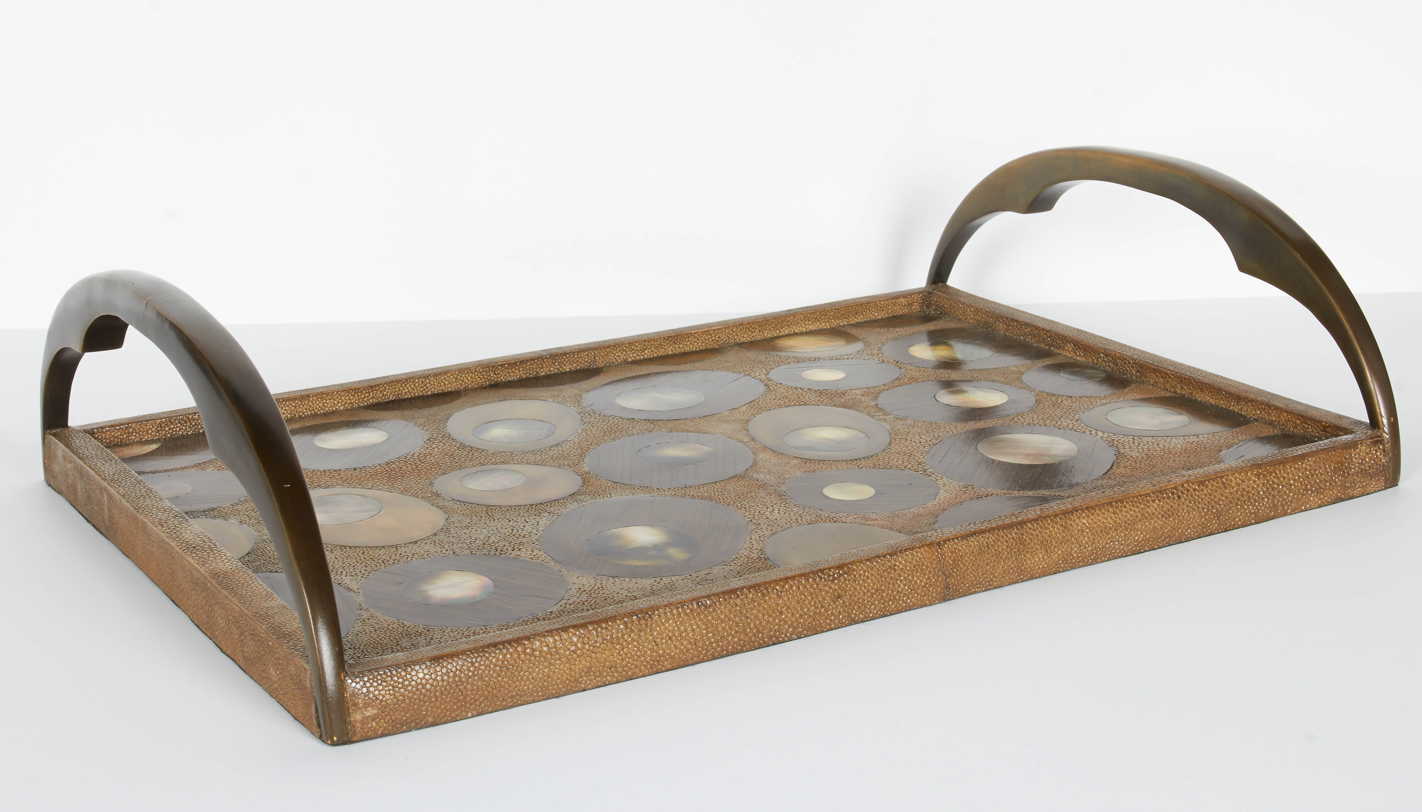 French Organic Modern Shagreen Tray with Mother of Pearl Inlays and Bronze Hardware