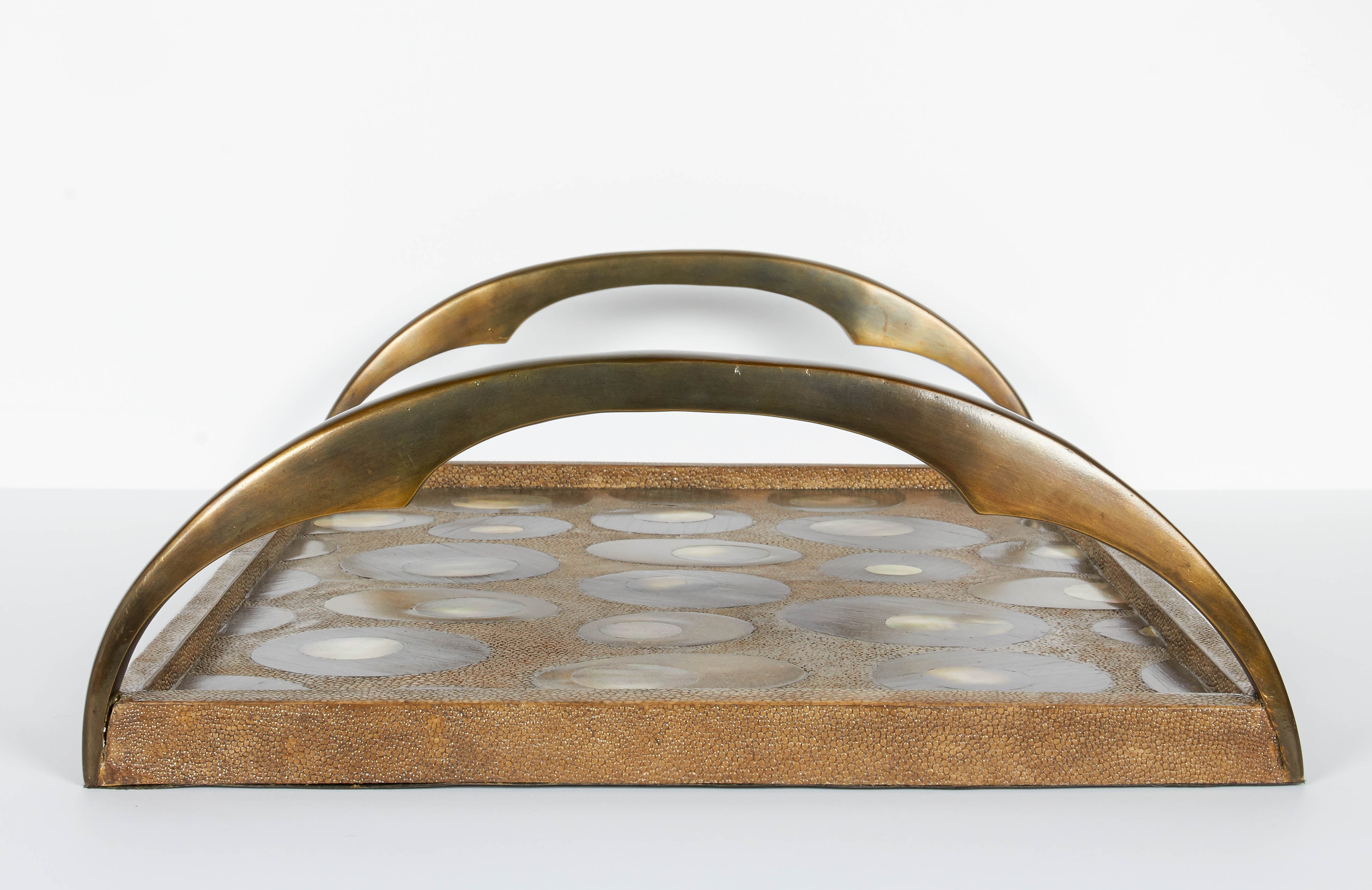 Forged Organic Modern Shagreen Tray with Mother of Pearl Inlays and Bronze Hardware