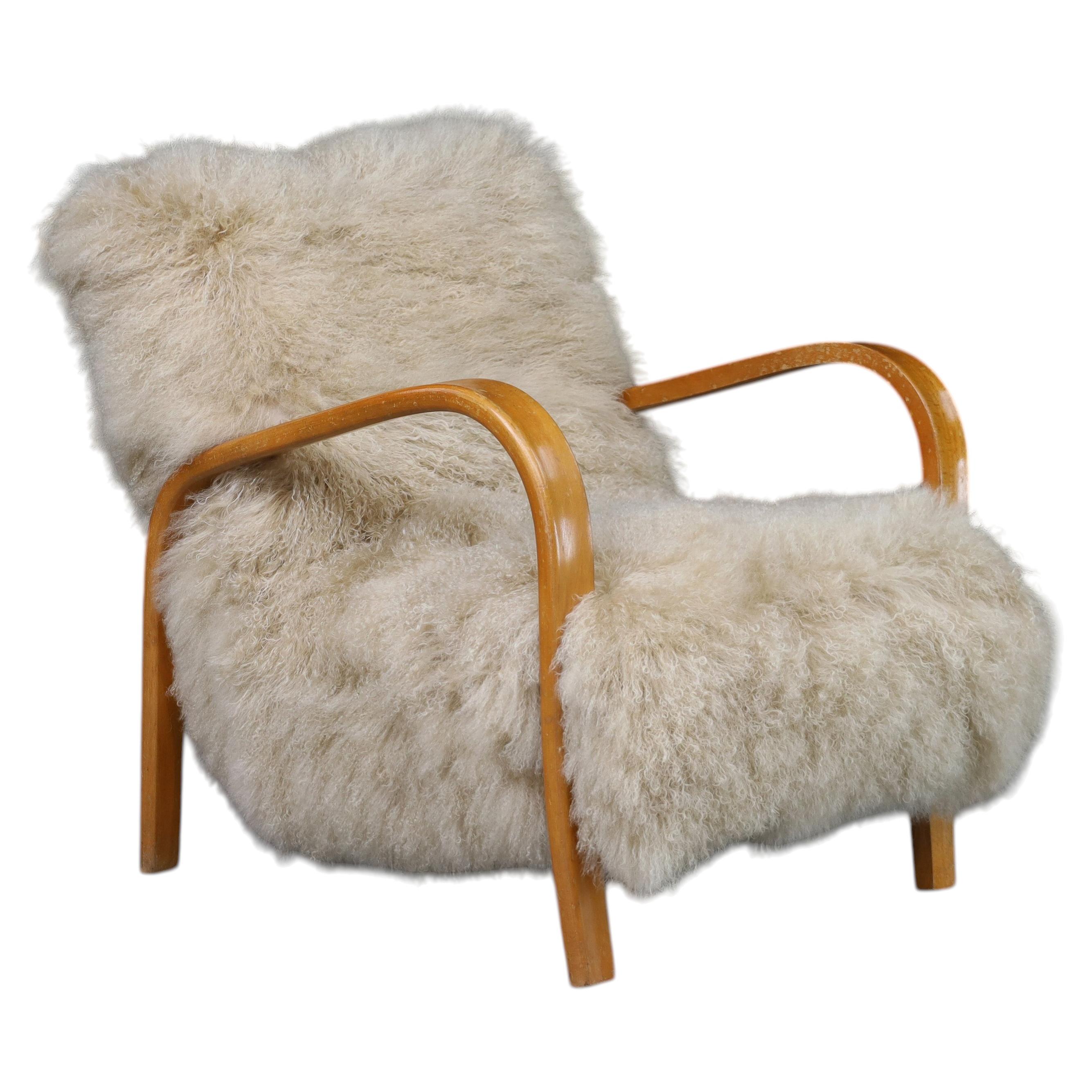 Organic Modern Shearling Lounge Chair, Czech Bentwood, Tibetan Lambswool, 1940s For Sale
