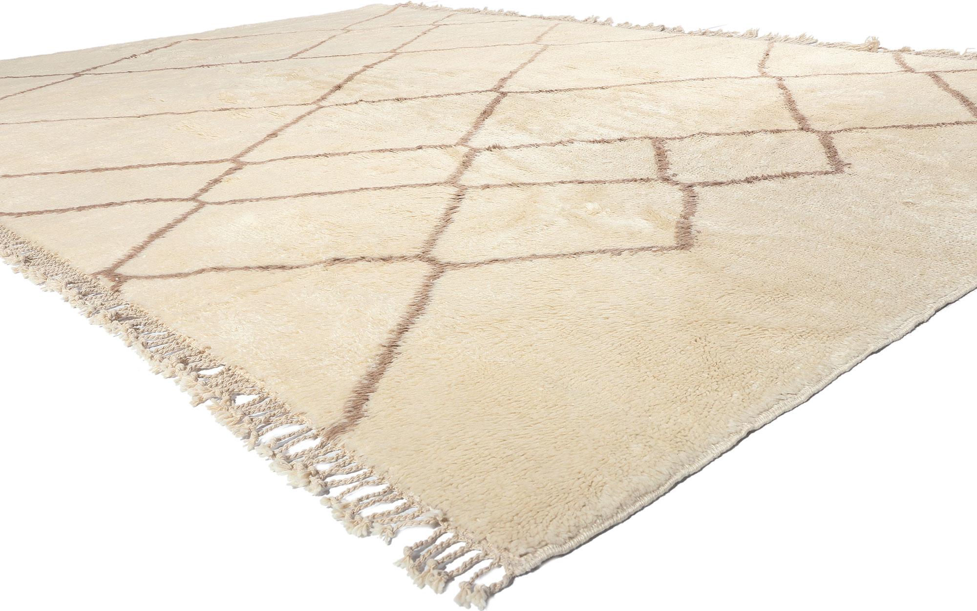 78233 Large Moroccan Beni Ourain Rug, 12'09 x 08'07. Originating from the esteemed Beni Ourain tribe in Morocco, these exquisitely crafted rugs pay homage to tradition through their meticulous craftsmanship. Utilizing untreated sheep's wool, they
