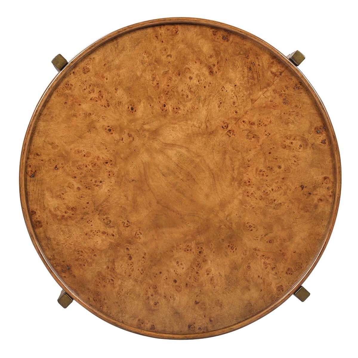 An organic modern round side table with a burl dish top, supported by bronzed finish metal tapered organic columns with an X-stretcher.

Dimensions: 26