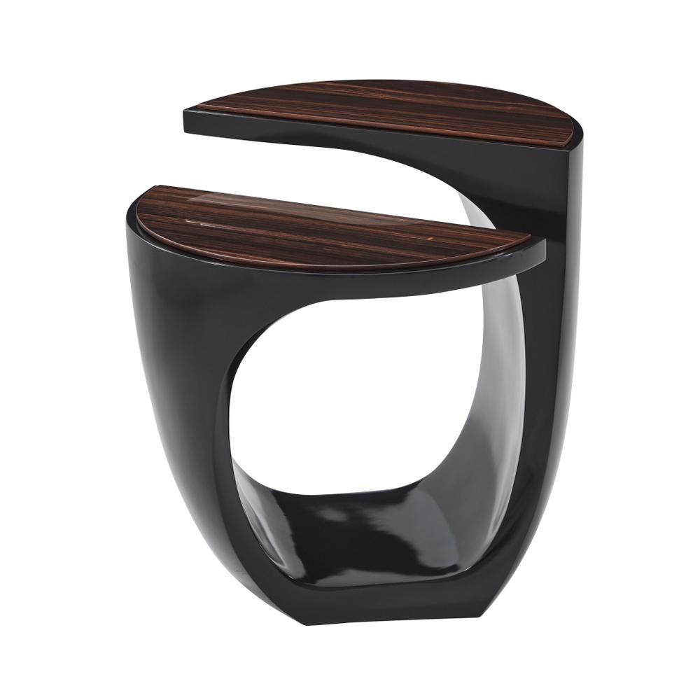An organic modern two-tier split side table with exotic veneered tops with stepped edge details on a twisted curved form black lacquered base.

Dimensions: 27.25