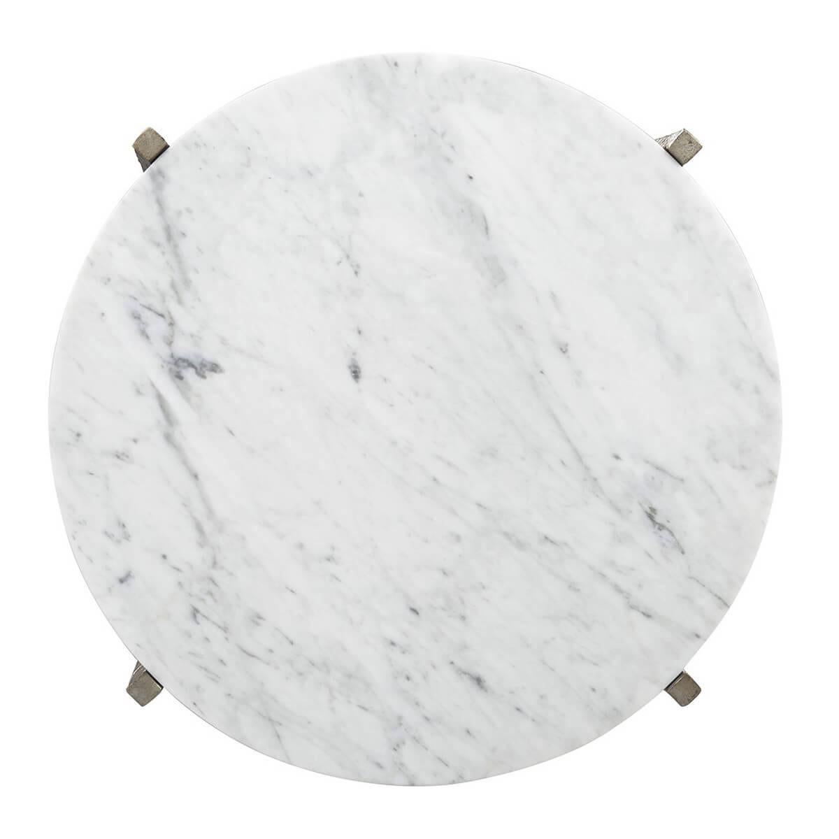 An organic modern round side table with a Carrara marble top, supported by silvered finish metal tapered organic columns with an X stretcher.

Dimensions: 26