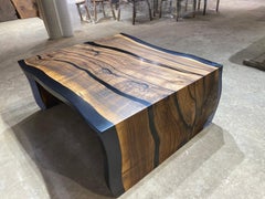 Organic Modern Solid Olive Wood Cocktail Table with Black Epoxy Edges