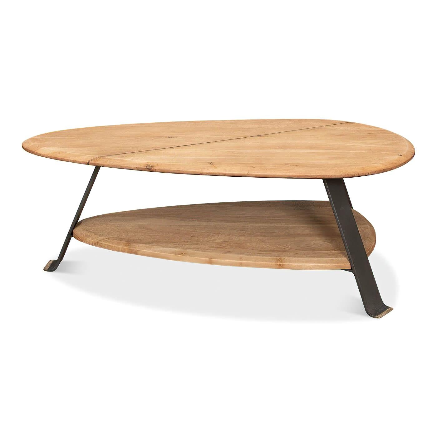 An organic modern style coffee table inspired by worn river stones and hand-worked steel. This table has an artistic meets industrial feel. 

Dimensions 
48