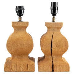 Organic Modern Style Raw Wood Baluster Form Table Lamp Pair