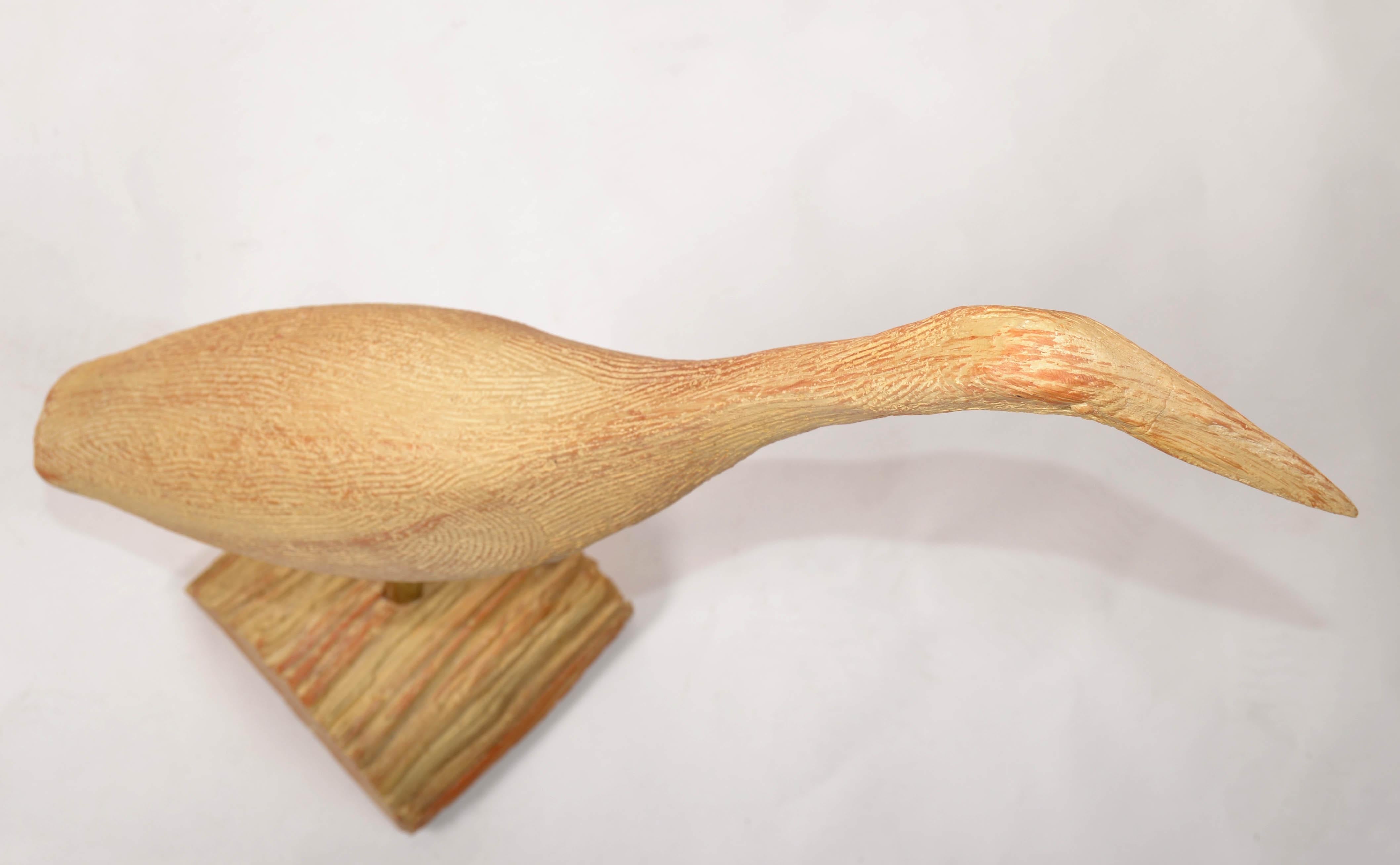 Organic Modern Stylized Hand Carved Wood Egret Animal Sculptures Brass Mounted For Sale 4