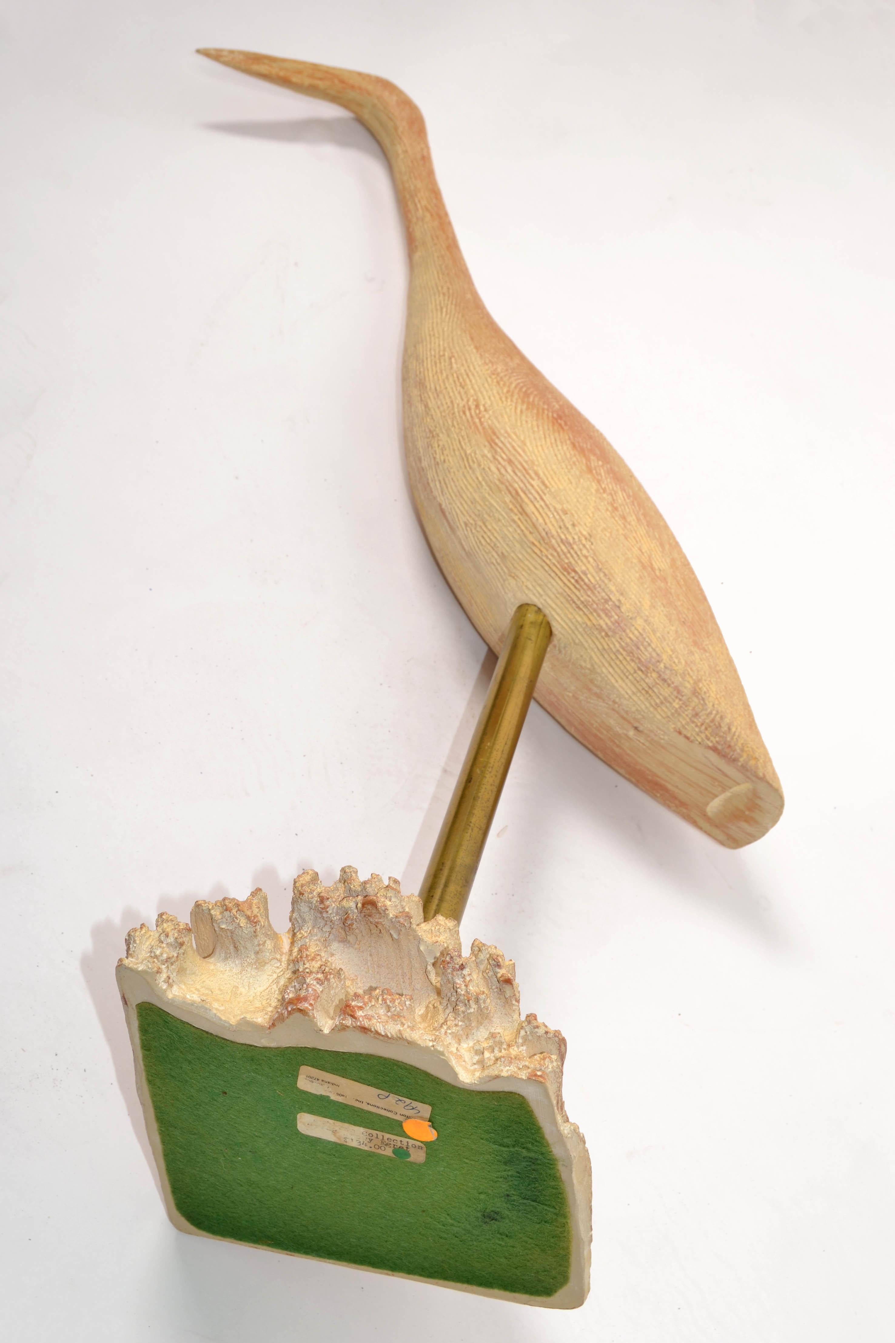 Organic Modern Stylized Hand Carved Wood Egret Animal Sculptures Brass Mounted For Sale 5