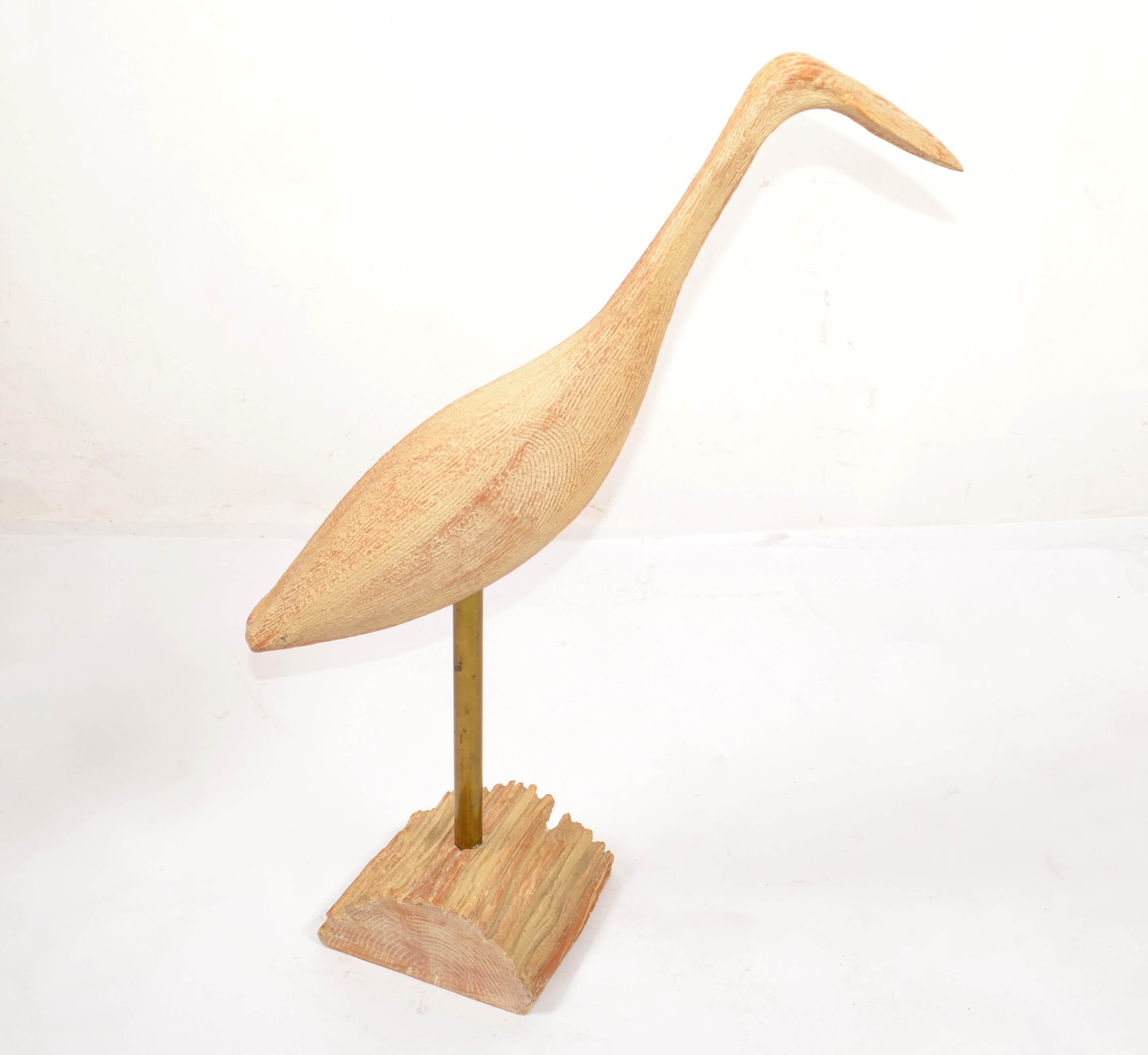 Organic Modern Stylized Hand Carved Wood Egret Animal Sculptures Brass Mounted For Sale 9