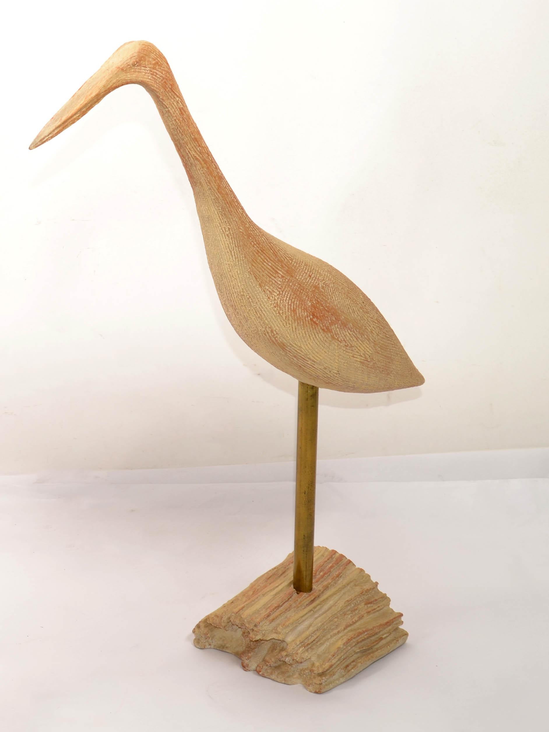 American Organic Modern Stylized Hand Carved Wood Egret Animal Sculptures Brass Mounted For Sale