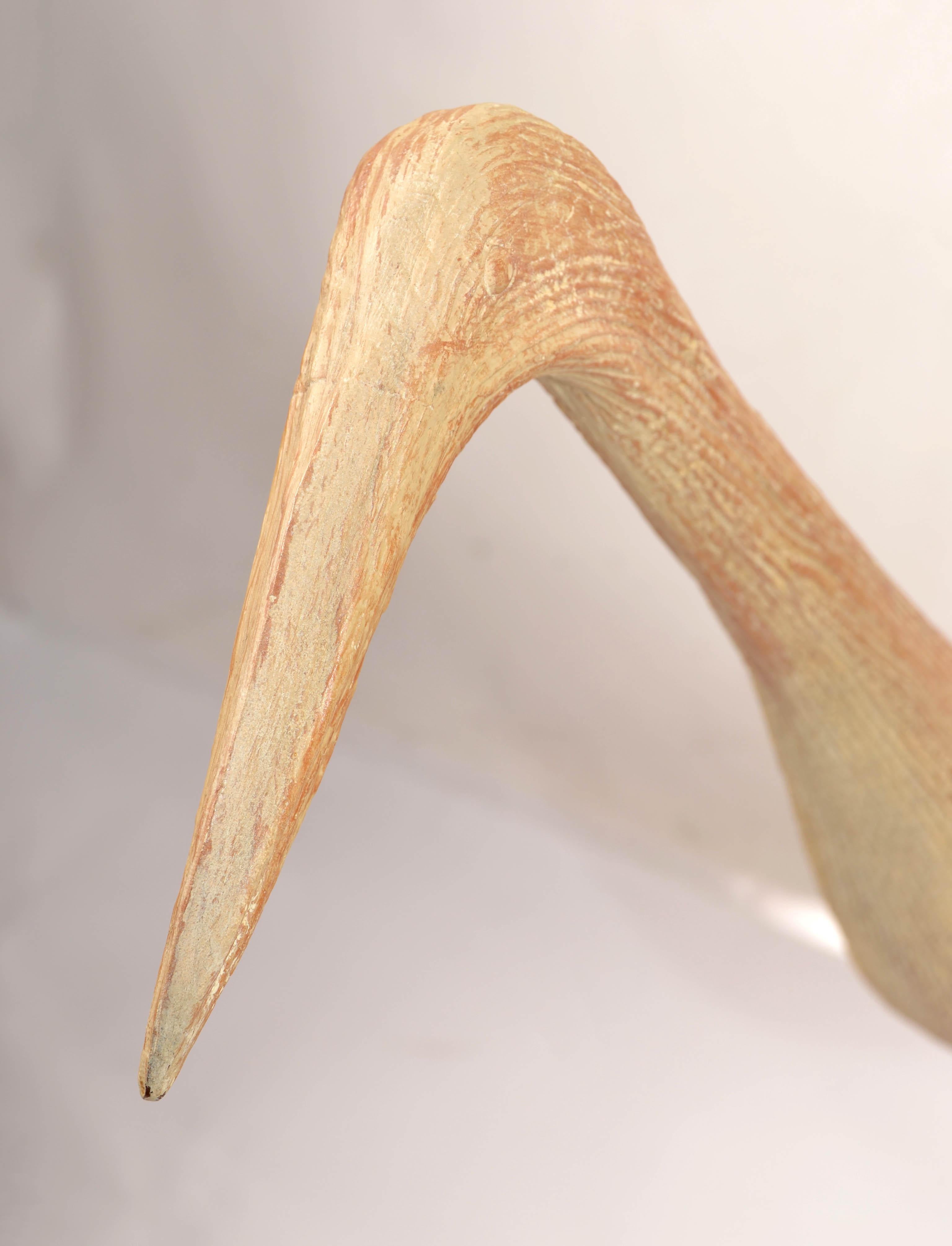 Organic Modern Stylized Hand Carved Wood Egret Animal Sculptures Brass Mounted In Good Condition For Sale In Miami, FL