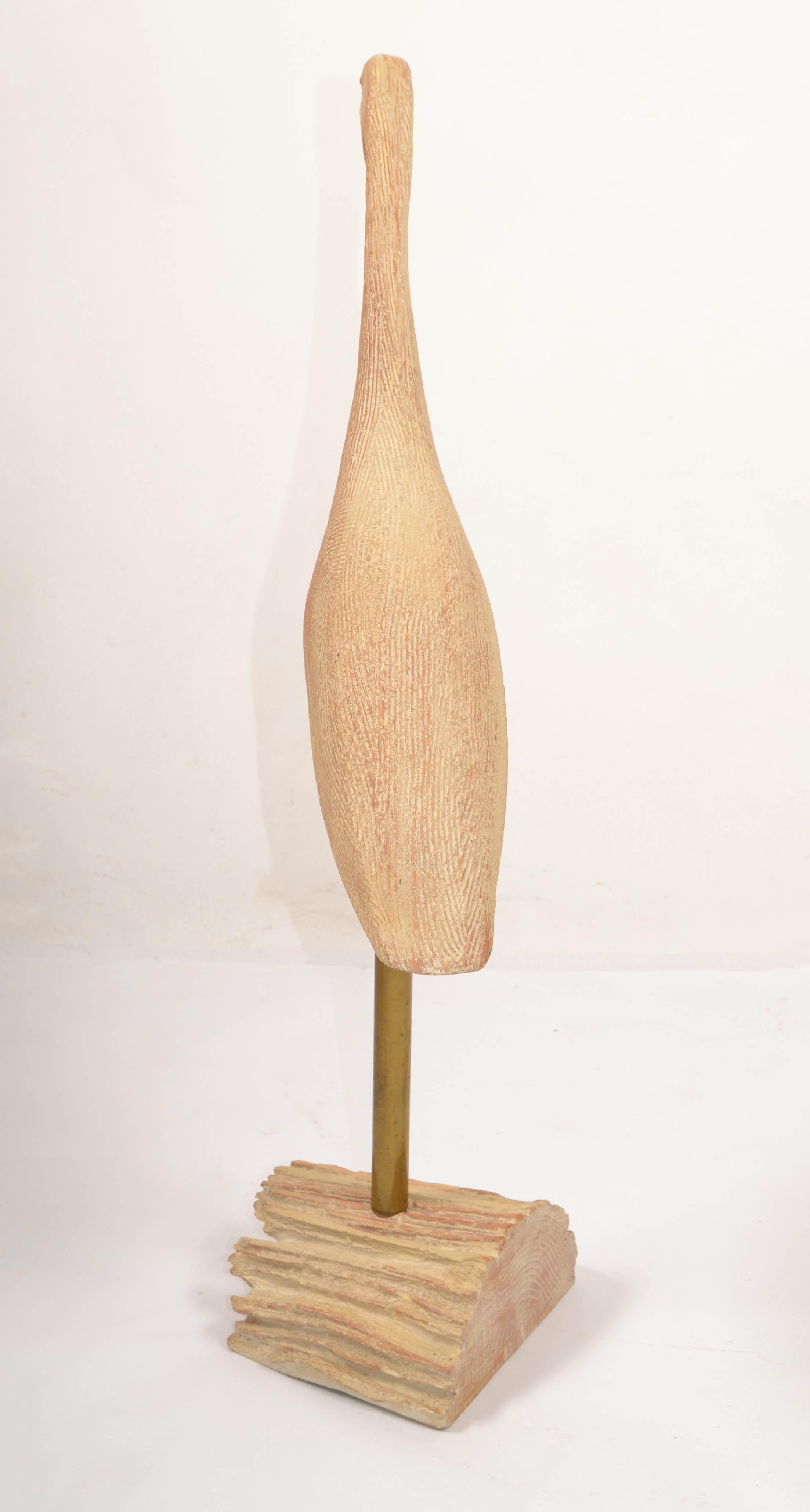 Organic Modern Stylized Hand Carved Wood Egret Animal Sculptures Brass Mounted For Sale 1