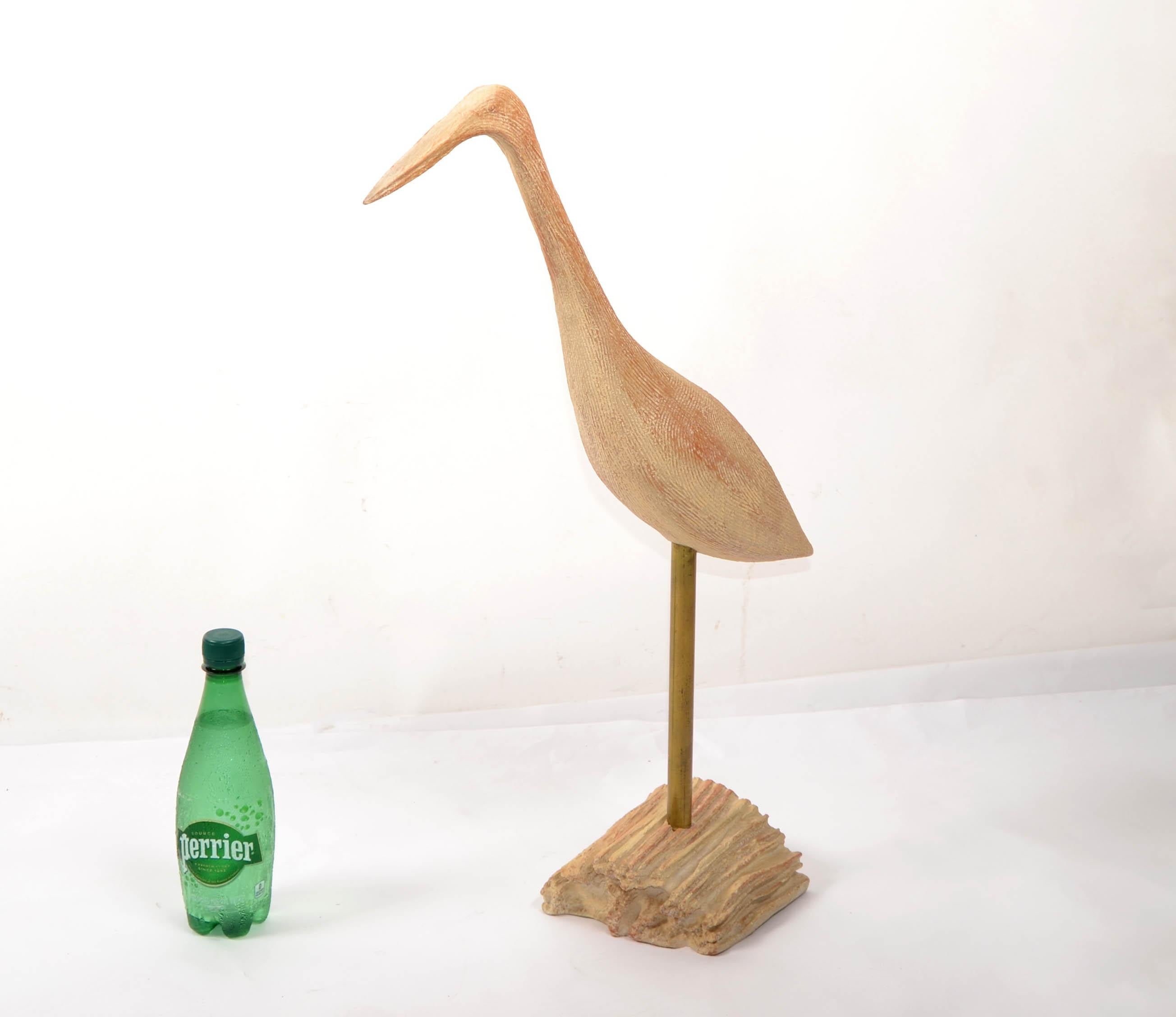 Organic Modern Stylized Hand Carved Wood Egret Animal Sculptures Brass Mounted For Sale 2