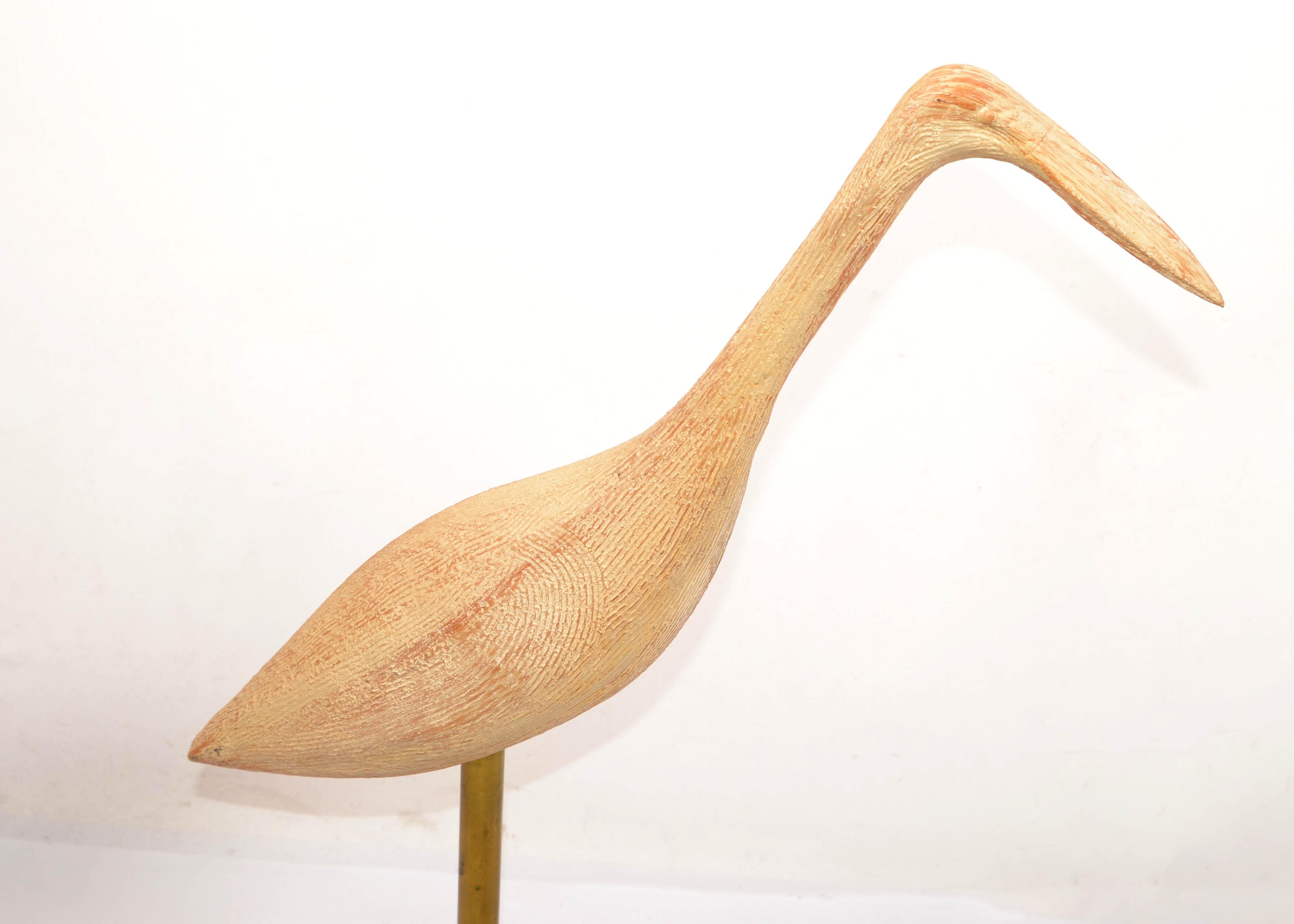 Organic Modern Stylized Hand Carved Wood Egret Animal Sculptures Brass Mounted For Sale 3